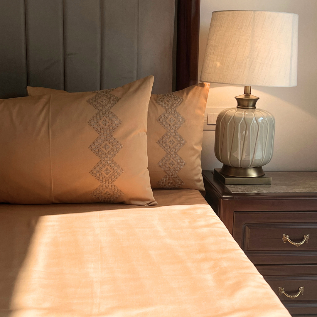 Iris Honey Mustard 300TC Cotton Bed Sheet with 2 Embroidered Pillow Covers