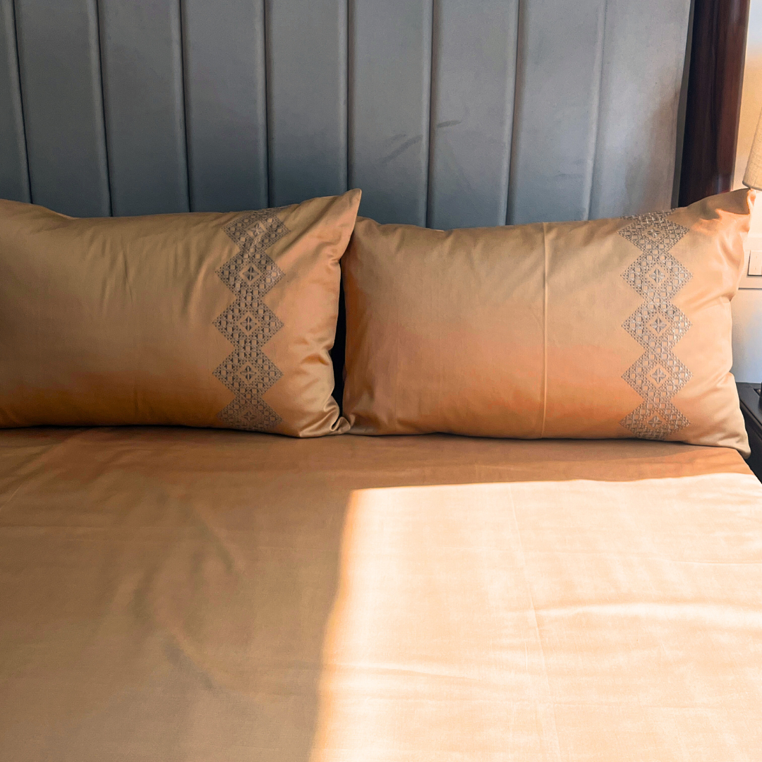 Iris Honey Mustard 300TC Cotton Bed Sheet with 2 Embroidered Pillow Covers