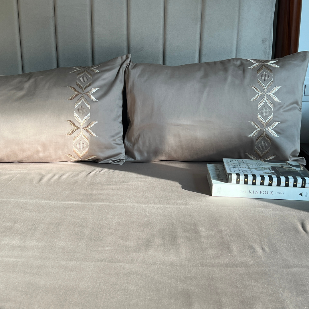 Nadine Mocha 300TC Cotton Bed Sheet with 2 Embroidered Pillow Covers