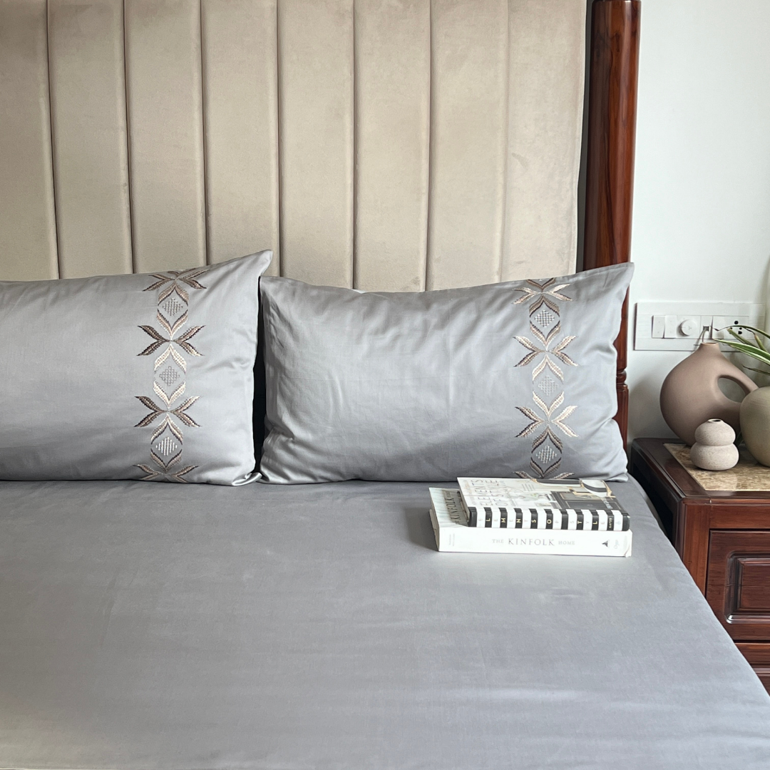 Nadine Slate 300TC Cotton Bed Sheet with 2 Embroidered Pillow Covers