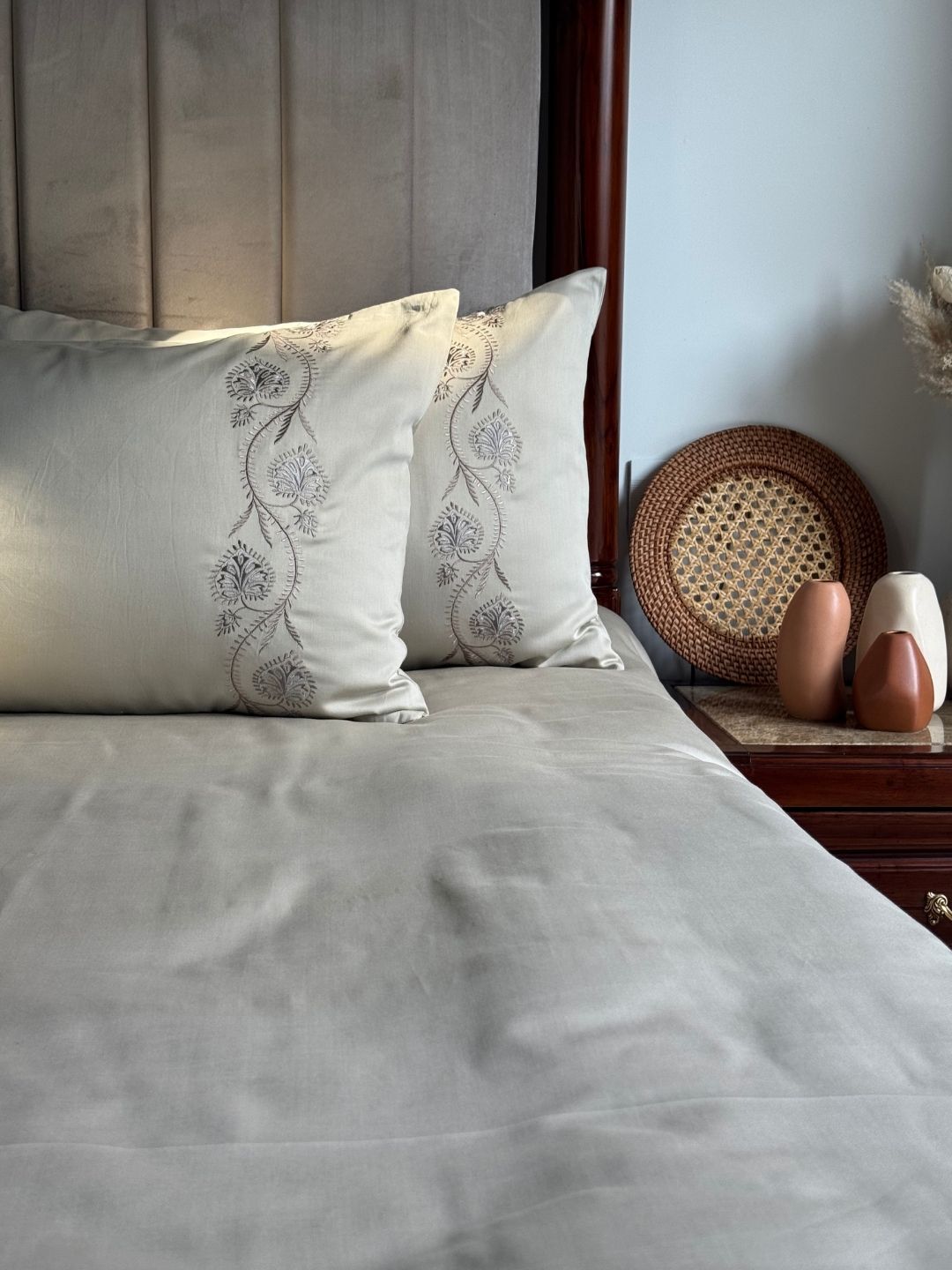 Nora Beige 300TC Cotton Bed Sheet with 2 Embroidered Pillow Covers