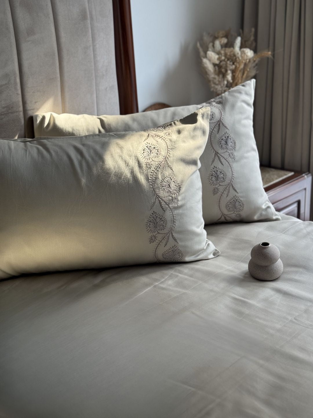 Nora Beige 300TC Cotton Bed Sheet with 2 Embroidered Pillow Covers