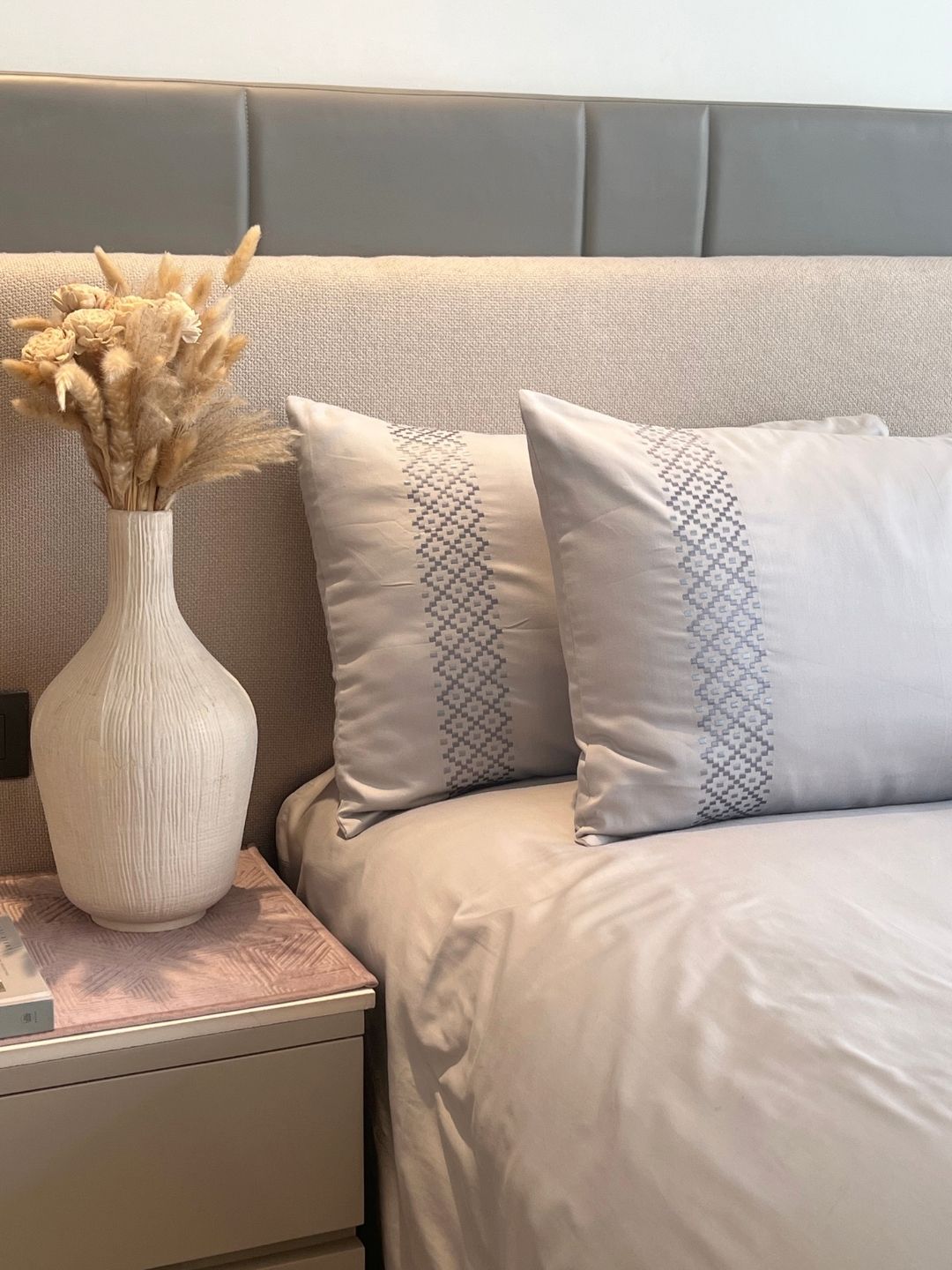 Tessa Pearl Grey 300TC Cotton Bed Sheet with 2 Embroidered Pillow Covers