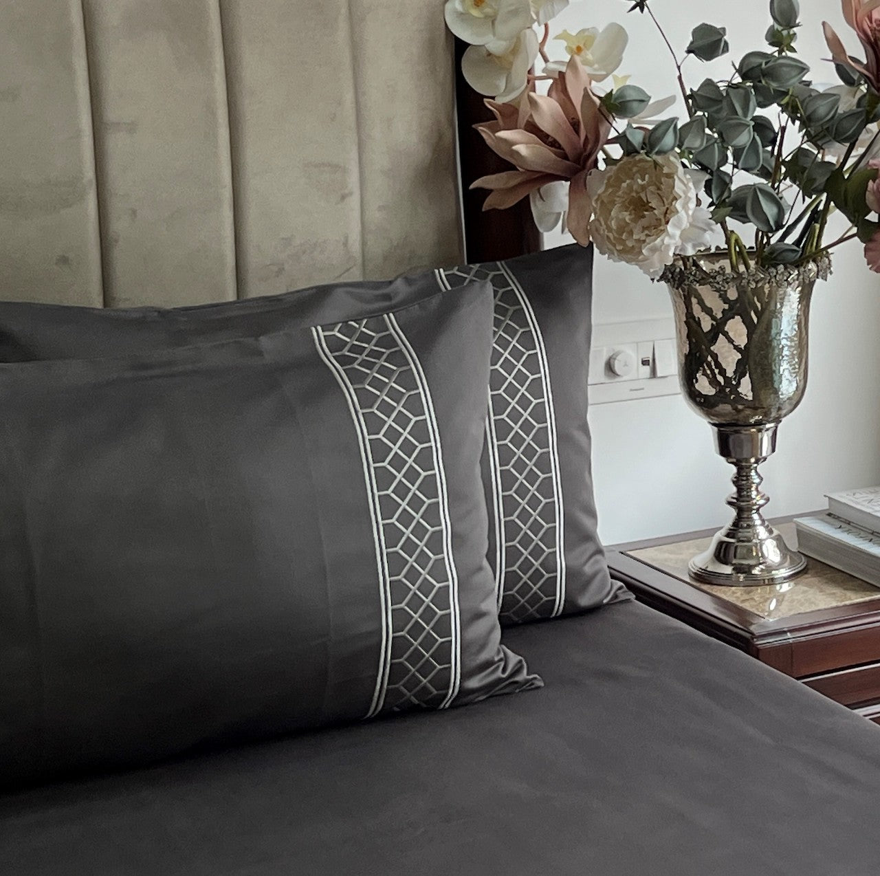 Zig Zag Titanium Grey Embroidered Bedsheet