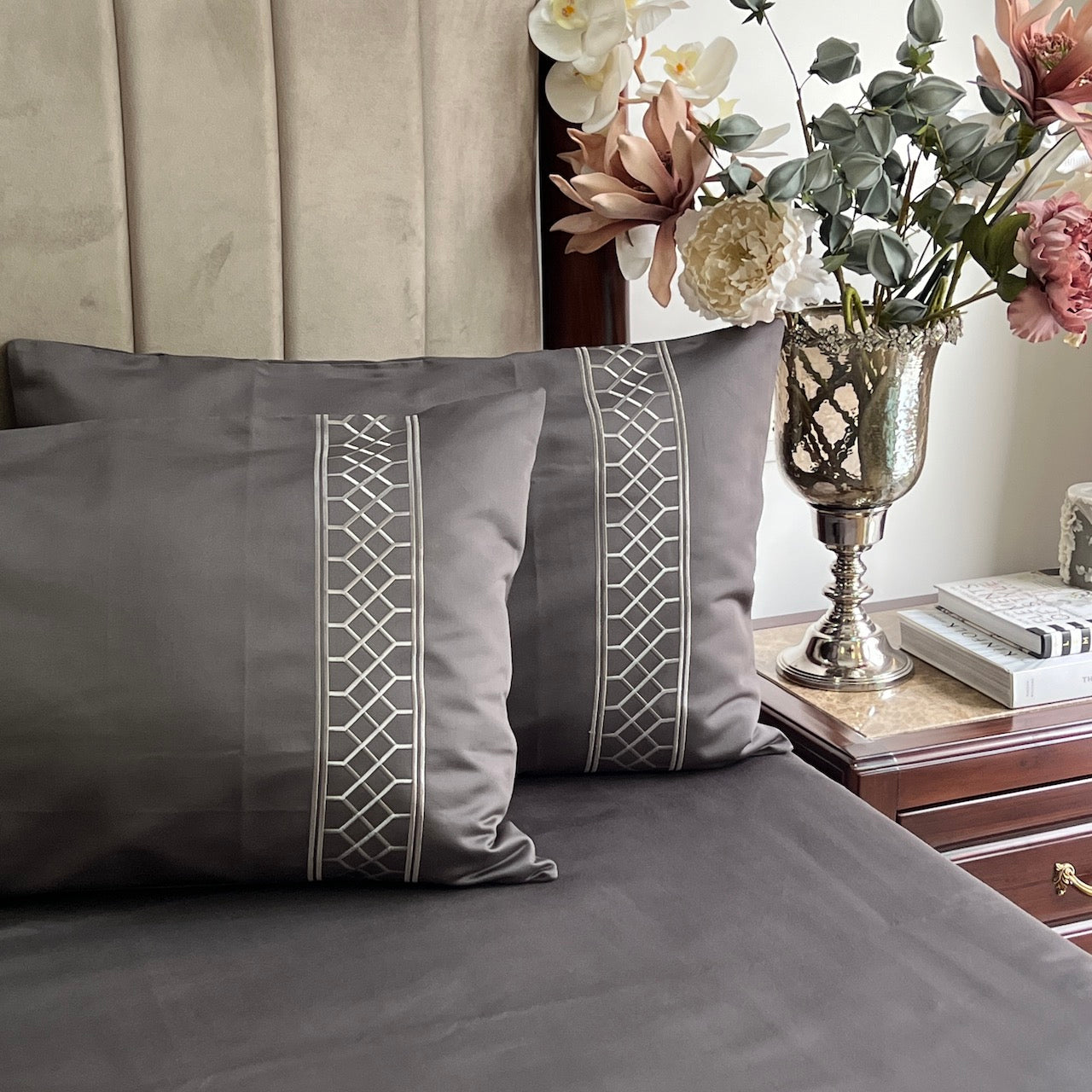 Zig Zag Titanium Grey Embroidered Bedsheet