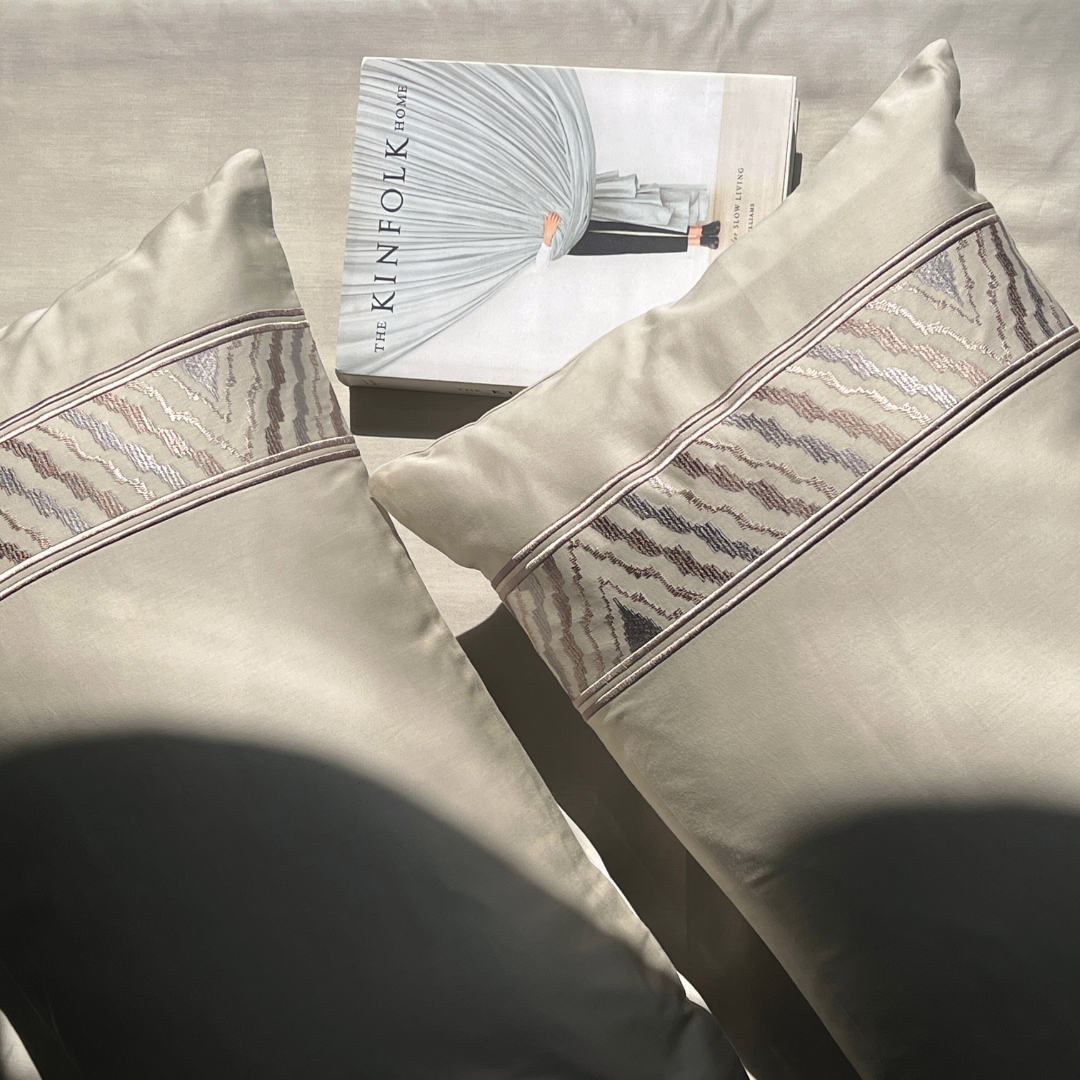 Zurich Beige 300TC Cotton Bed Sheet with 2 Embroidered Pillow Covers
