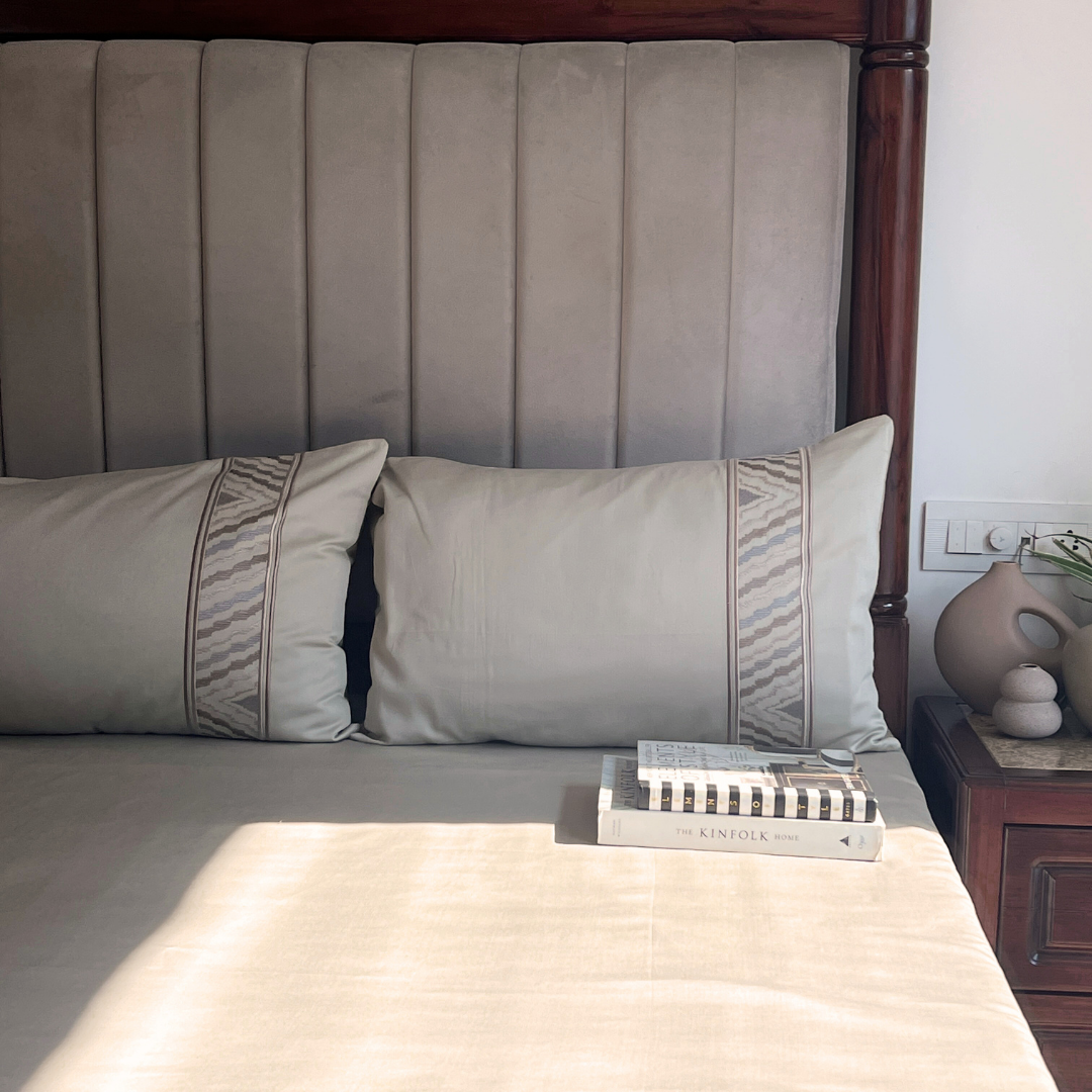 Zurich Beige 300TC Cotton Bed Sheet with 2 Embroidered Pillow Covers