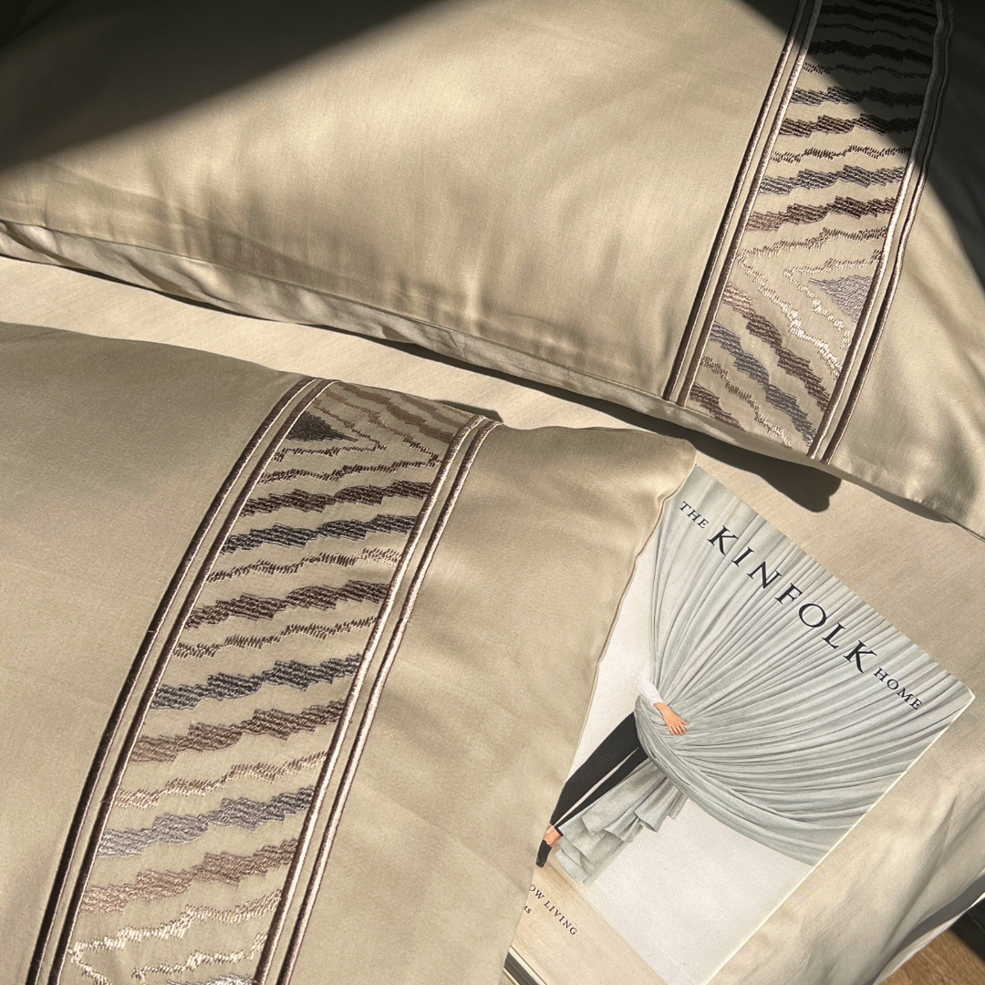 Zurich Beige 300TC Cotton Bed Sheet with 2 Embroidered Pillow Covers