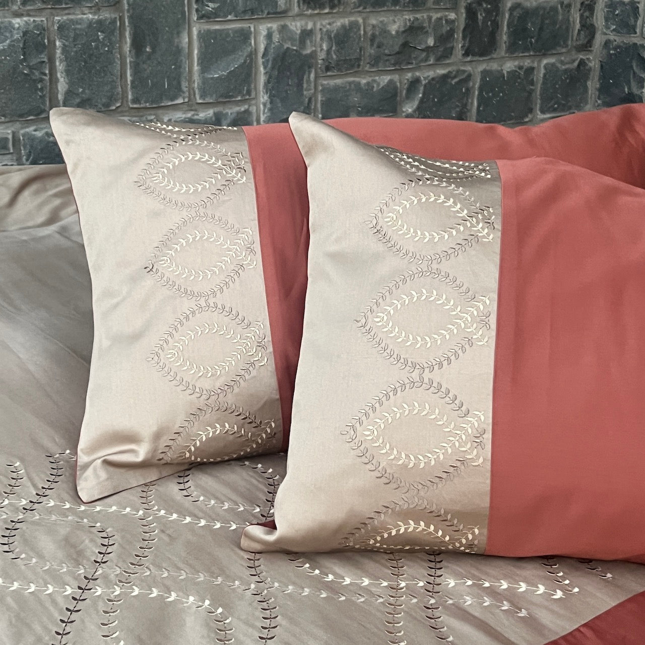 Exon Sand And Terracotta Embroidered Bedsheet Set