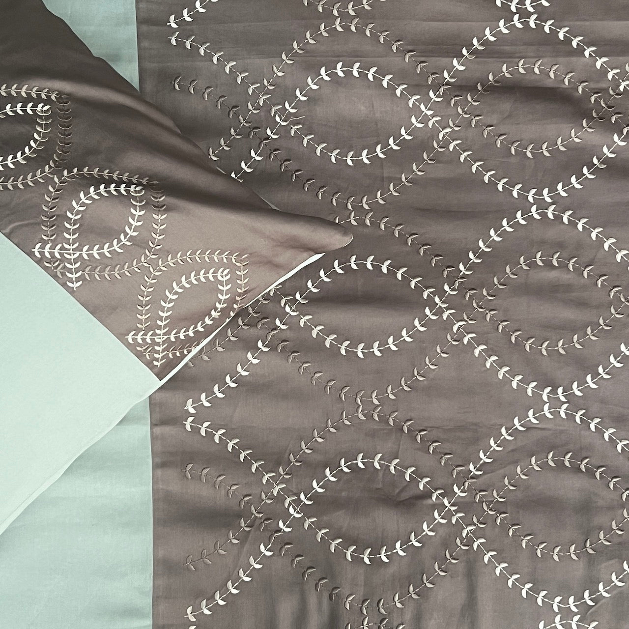Exon Sage Green And Taupe Embroidered Bedsheet Set