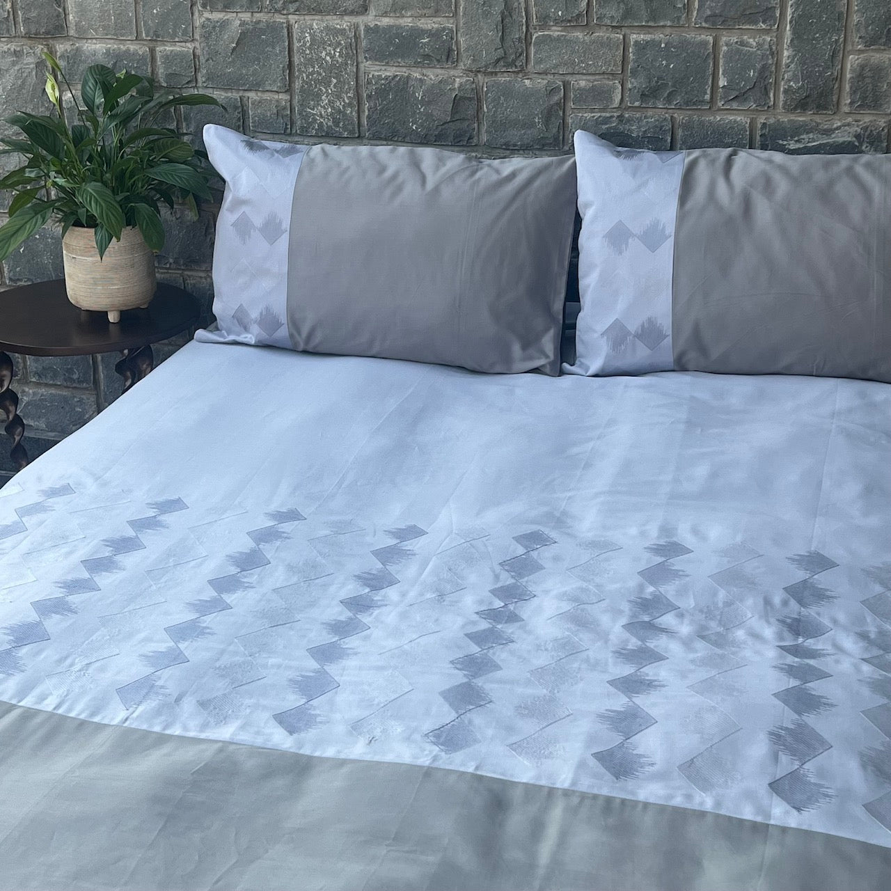 Peak Smoke Blue And Slate Embroidered Bedsheet Set