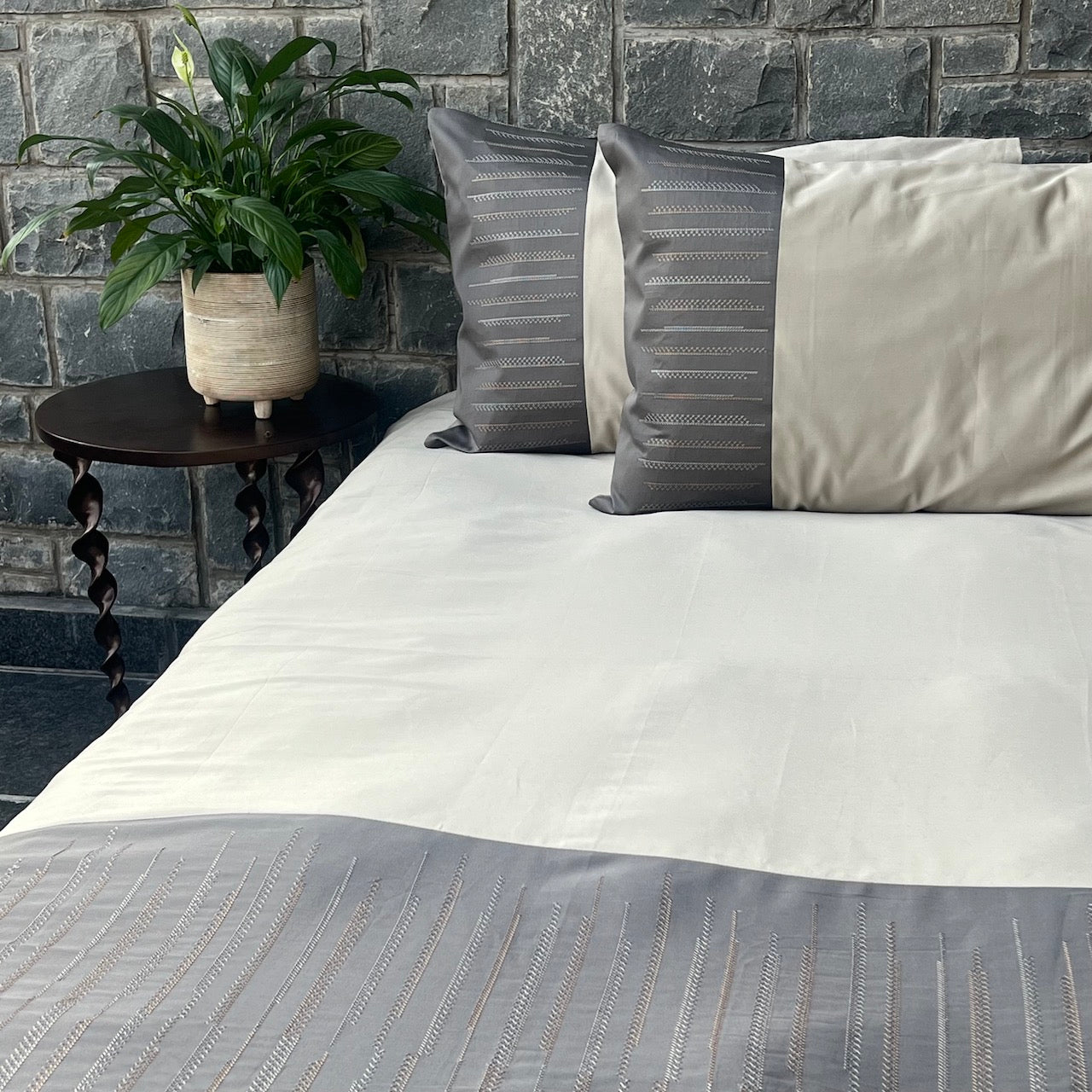 Speckle Beige And Elephant Grey Embroidered Bedsheet Set