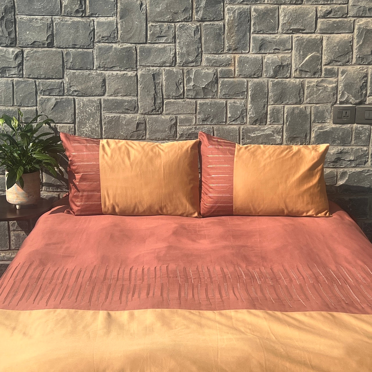 Speckle Terracotta And Honey Mustard Embroidered Bedsheet Set