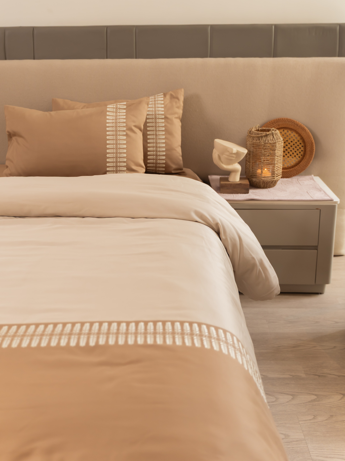 Elise Beige Cotton Embroidered Duvet Cover With Bedsheet And 2 Pillow Covers