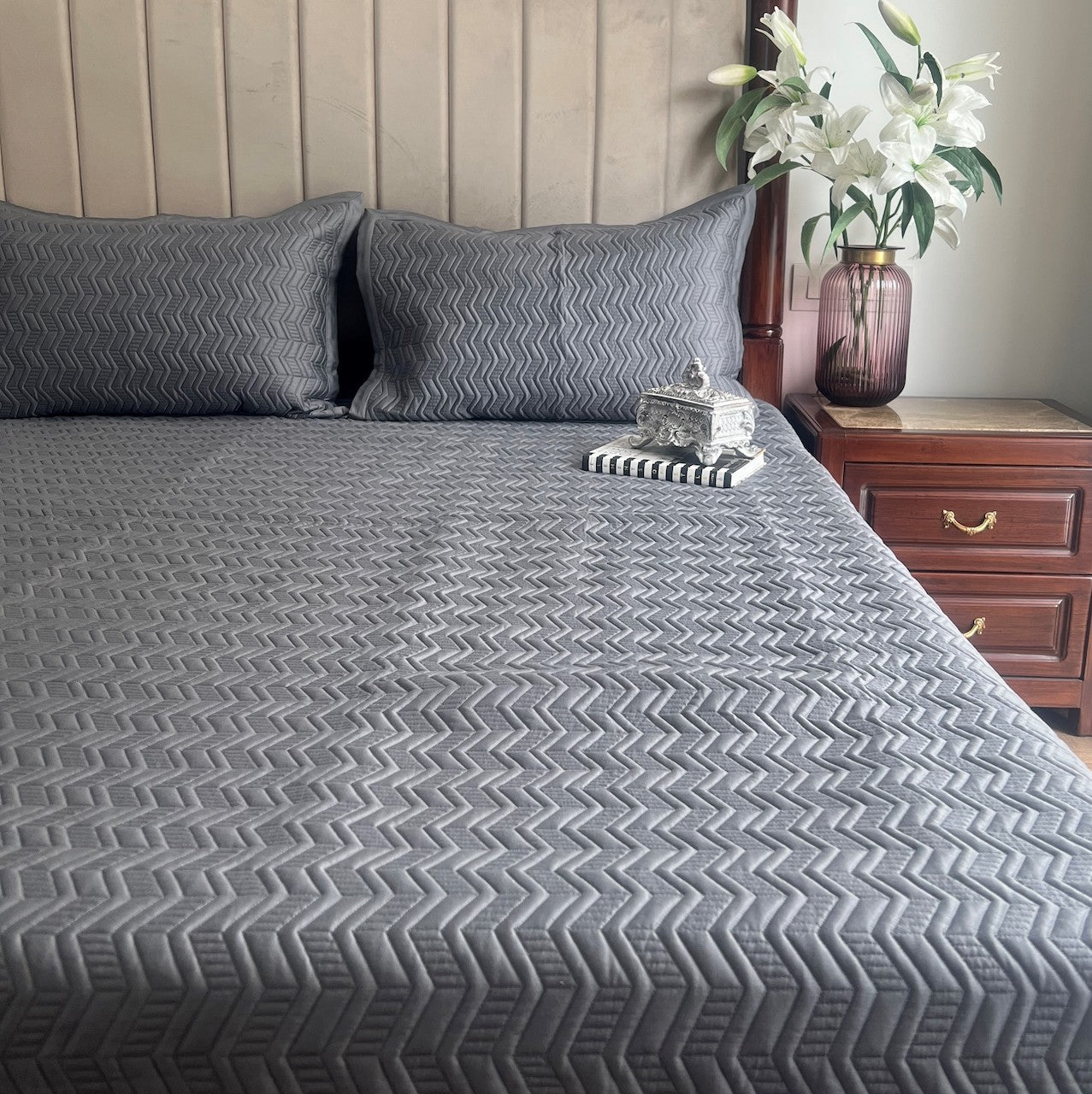 Donna Dark Grey Cotton Reversible Bedspread