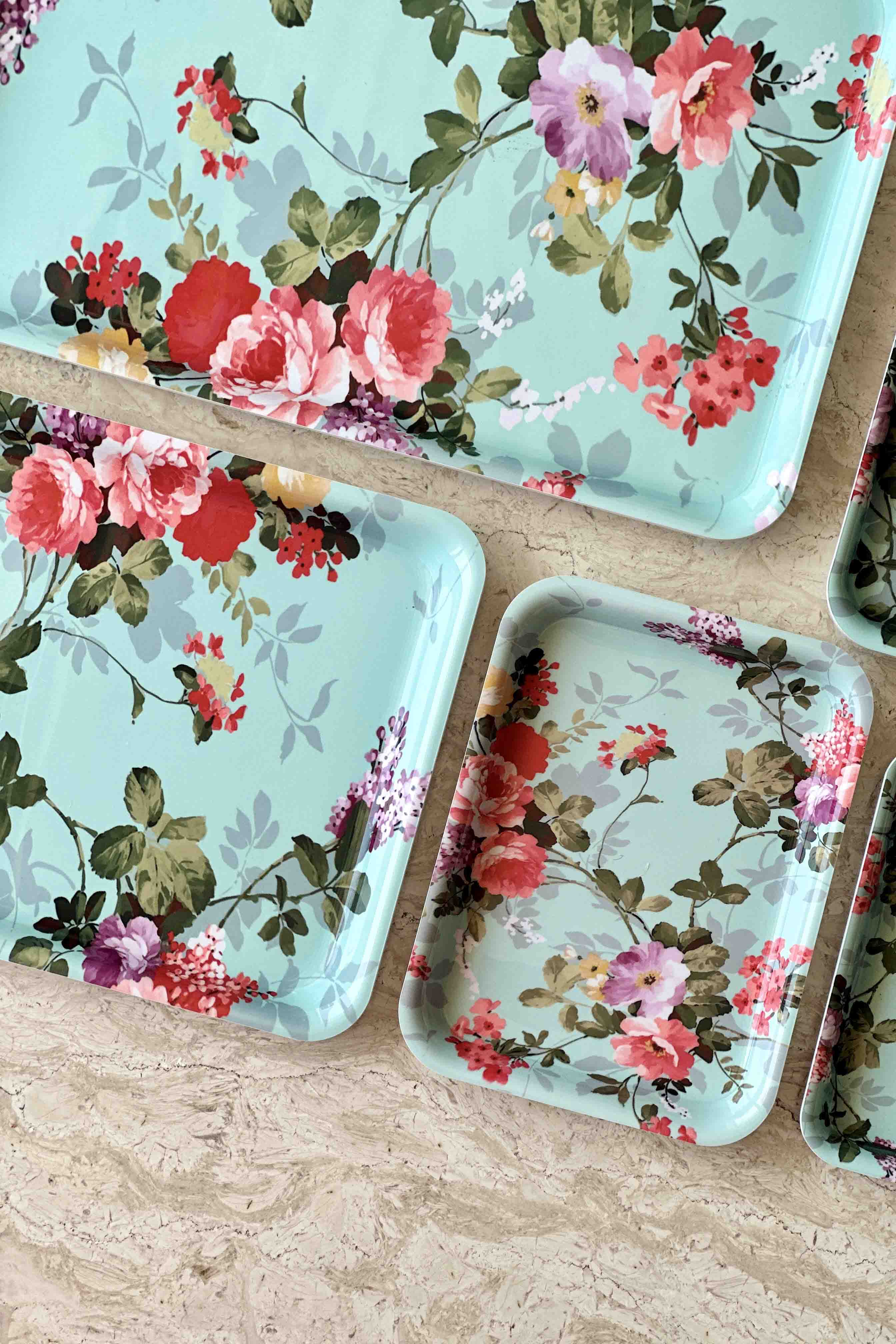 Mint Green Floral Acrylic Serving Tray - Set Of 5