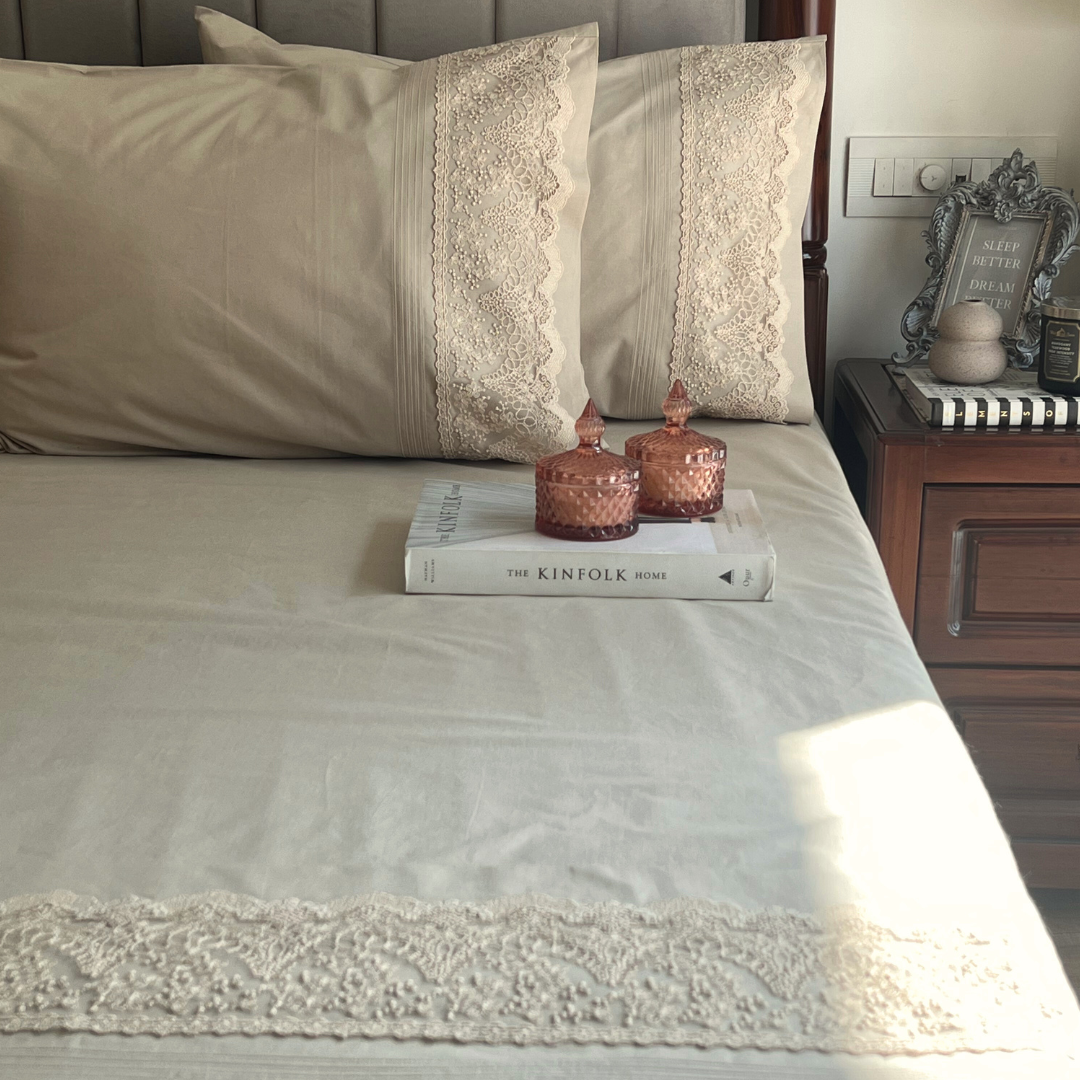 Chantilly Desert Beige Cotton Embroidered Lace Bed Sheet with 2 Pillow Covers