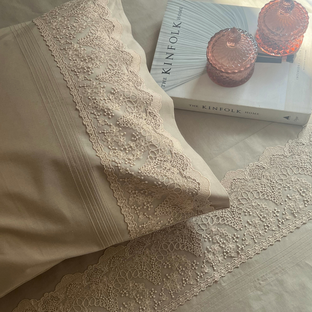 Chantilly Desert Beige Cotton Embroidered Lace Bed Sheet with 2 Pillow Covers