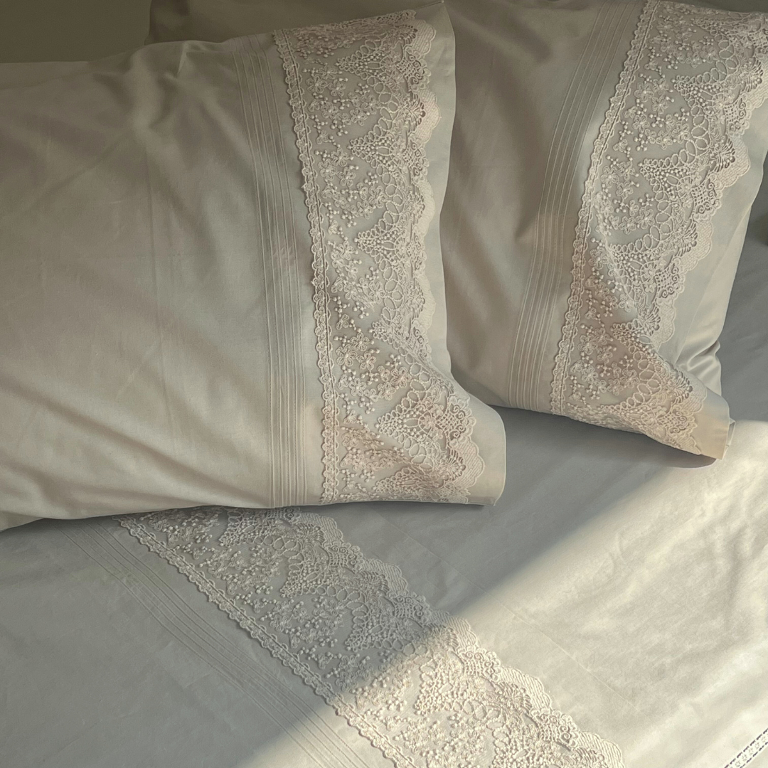 Chantilly Desert Beige Cotton Embroidered Lace Bed Sheet with 2 Pillow Covers