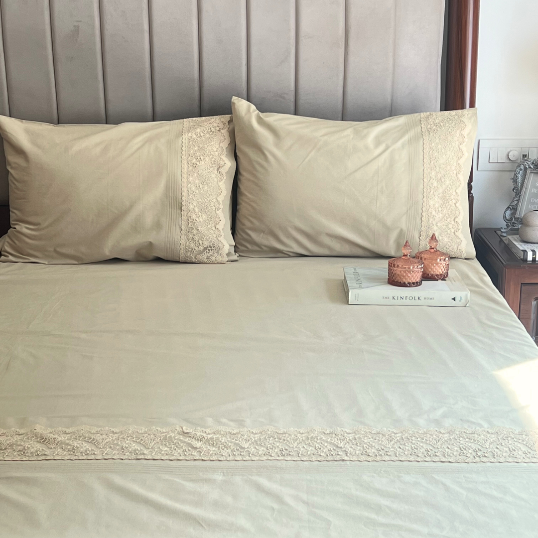Chantilly Desert Beige Cotton Embroidered Lace Bed Sheet with 2 Pillow Covers