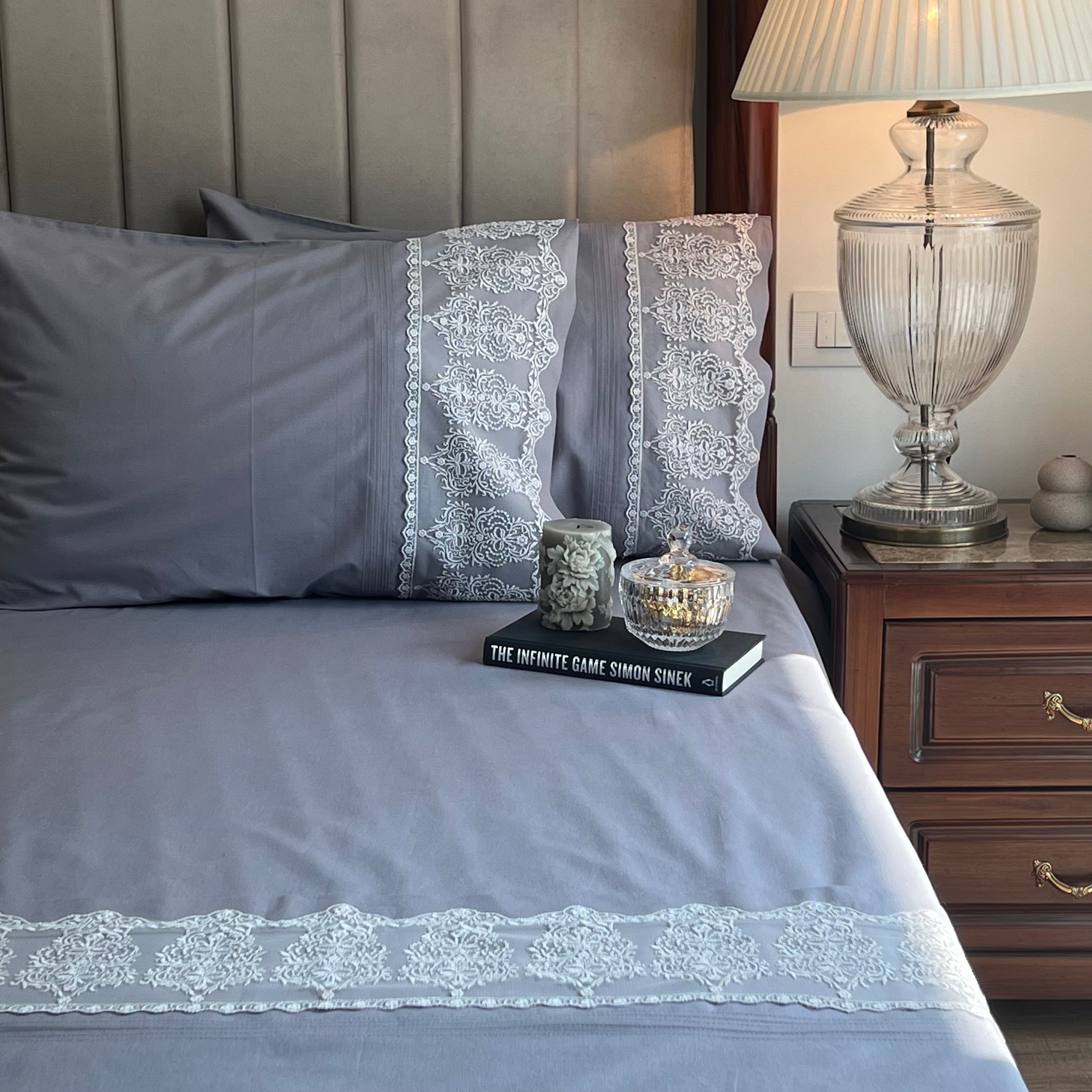 Chantilly Elephant Grey Cotton Embroidered Lace Bed Sheet with 2 Pillow Covers