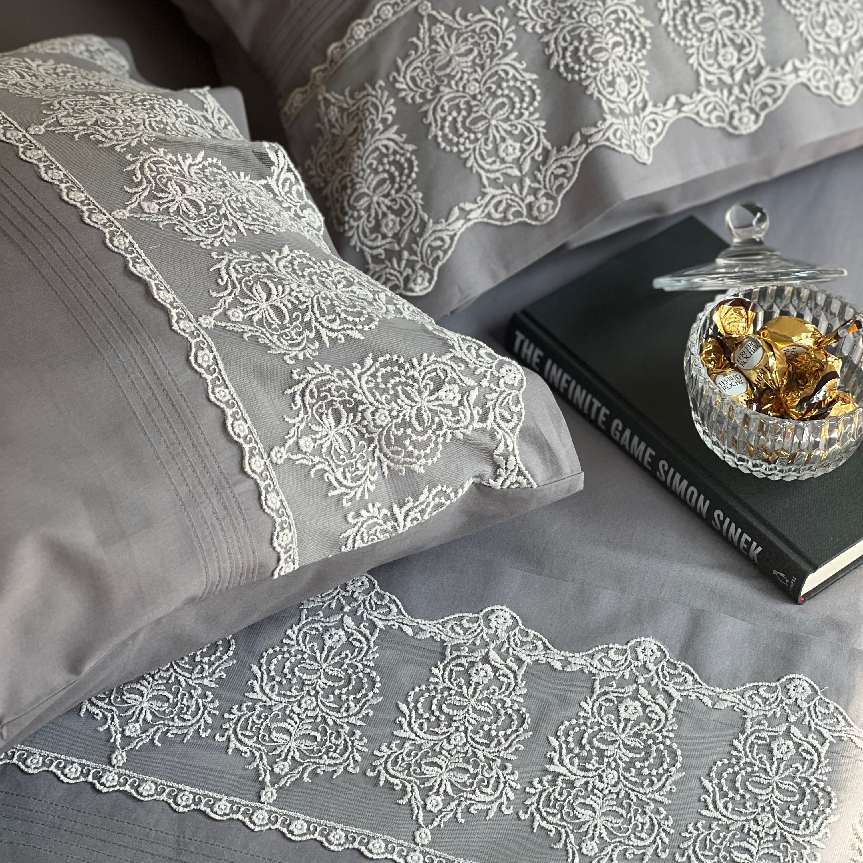 Chantilly Elephant Grey Cotton Embroidered Lace Bed Sheet with 2 Pillow Covers