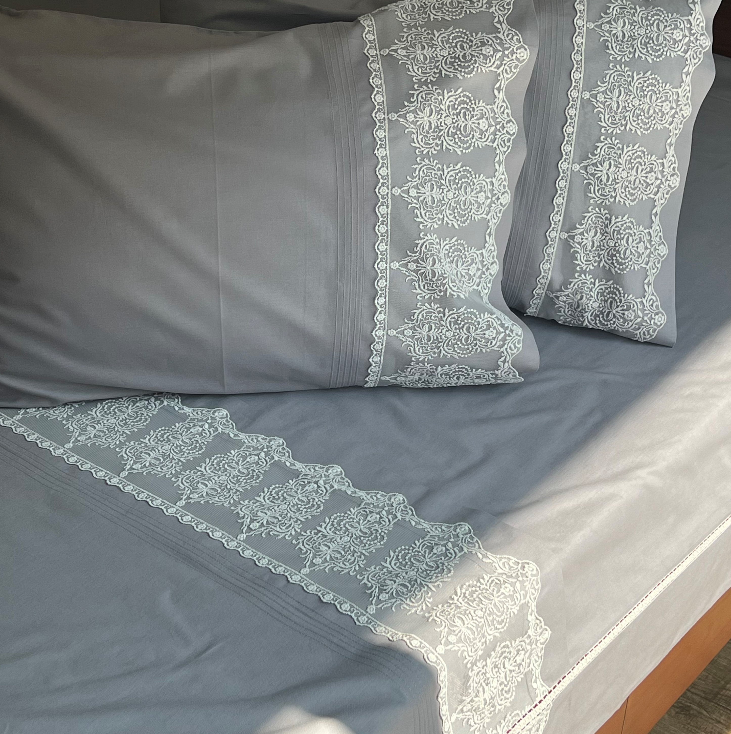Chantilly Elephant Grey Cotton Embroidered Lace Bed Sheet with 2 Pillow Covers