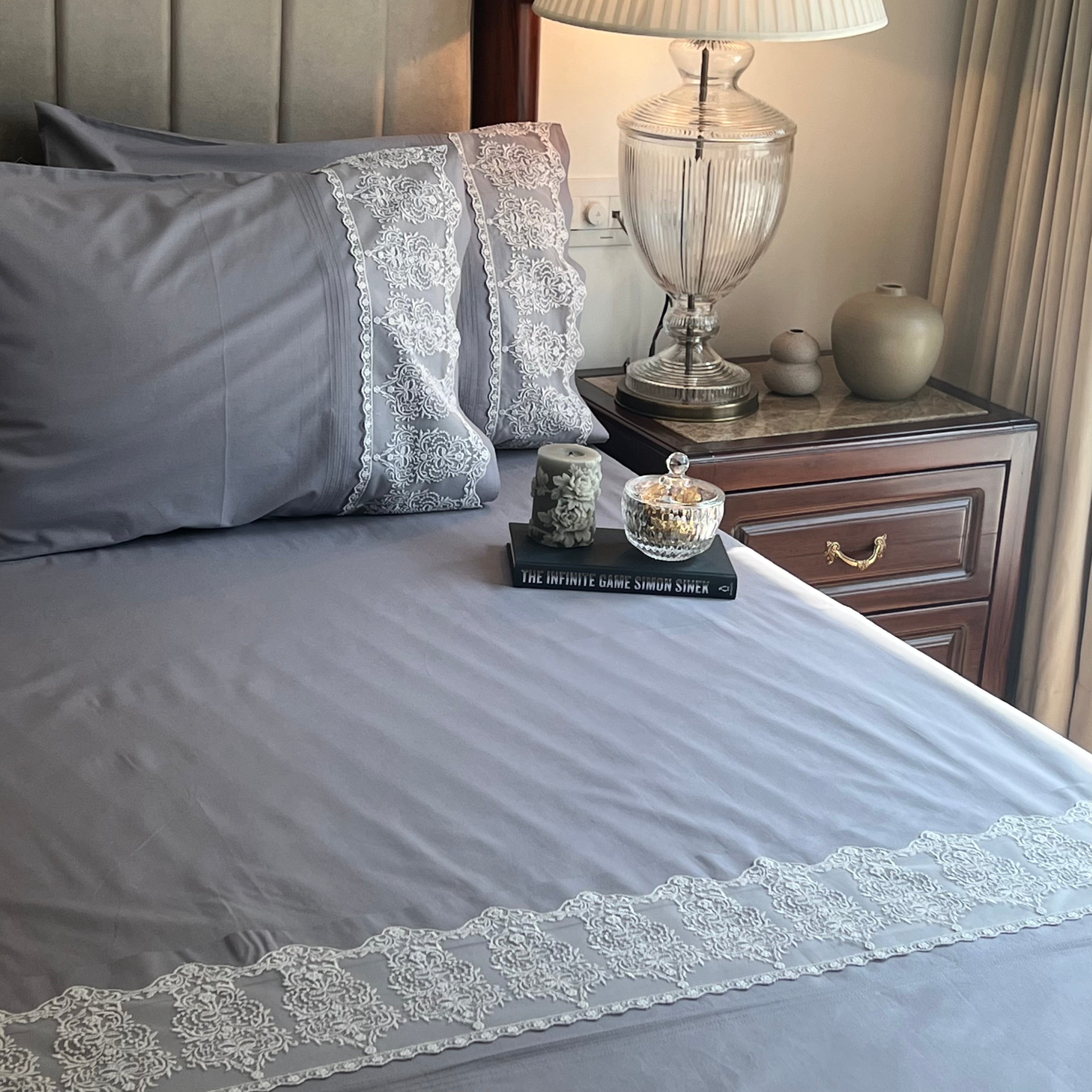 Chantilly Elephant Grey Cotton Embroidered Lace Bed Sheet with 2 Pillow Covers
