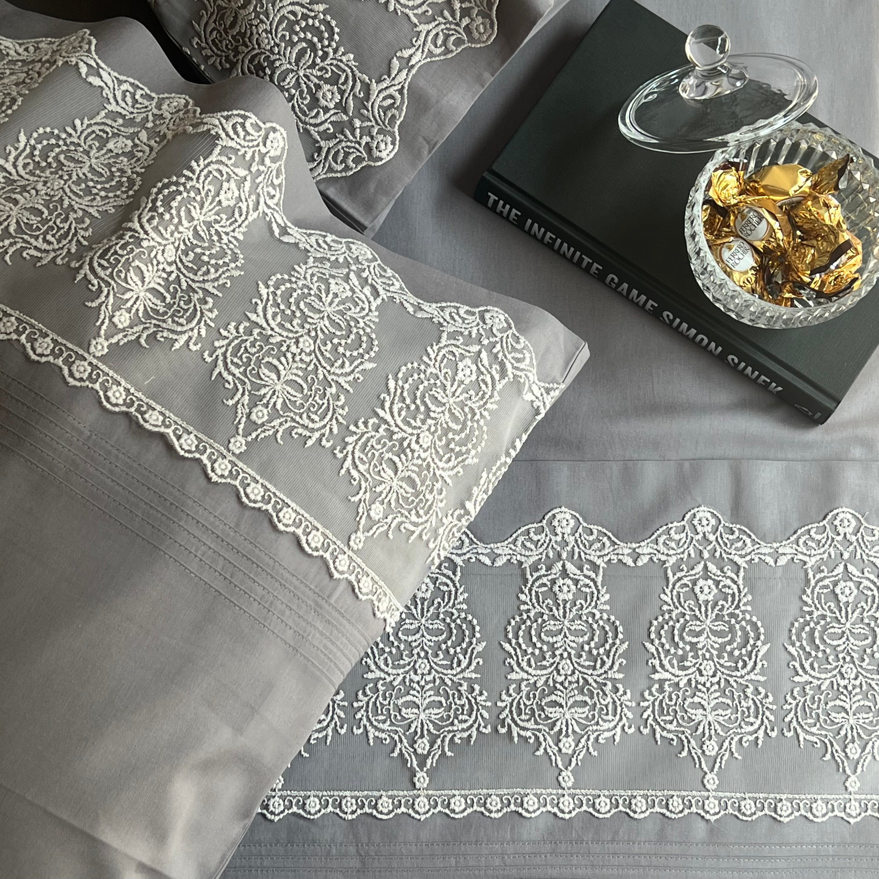 Chantilly Elephant Grey Cotton Embroidered Lace Bed Sheet with 2 Pillow Covers
