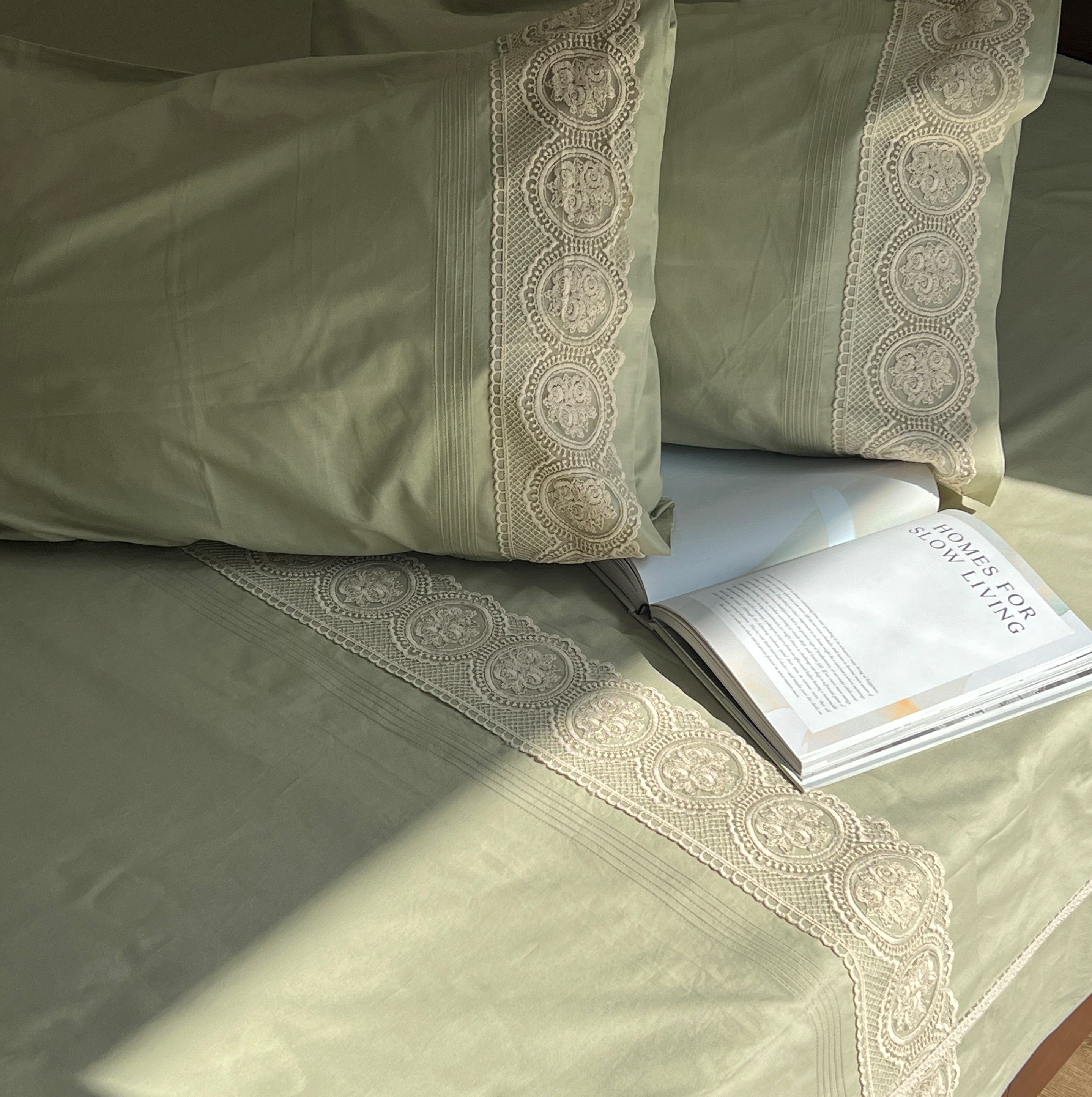 Chantilly Forest Green Cotton Embroidered Lace Bed Sheet with 2 Pillow Covers