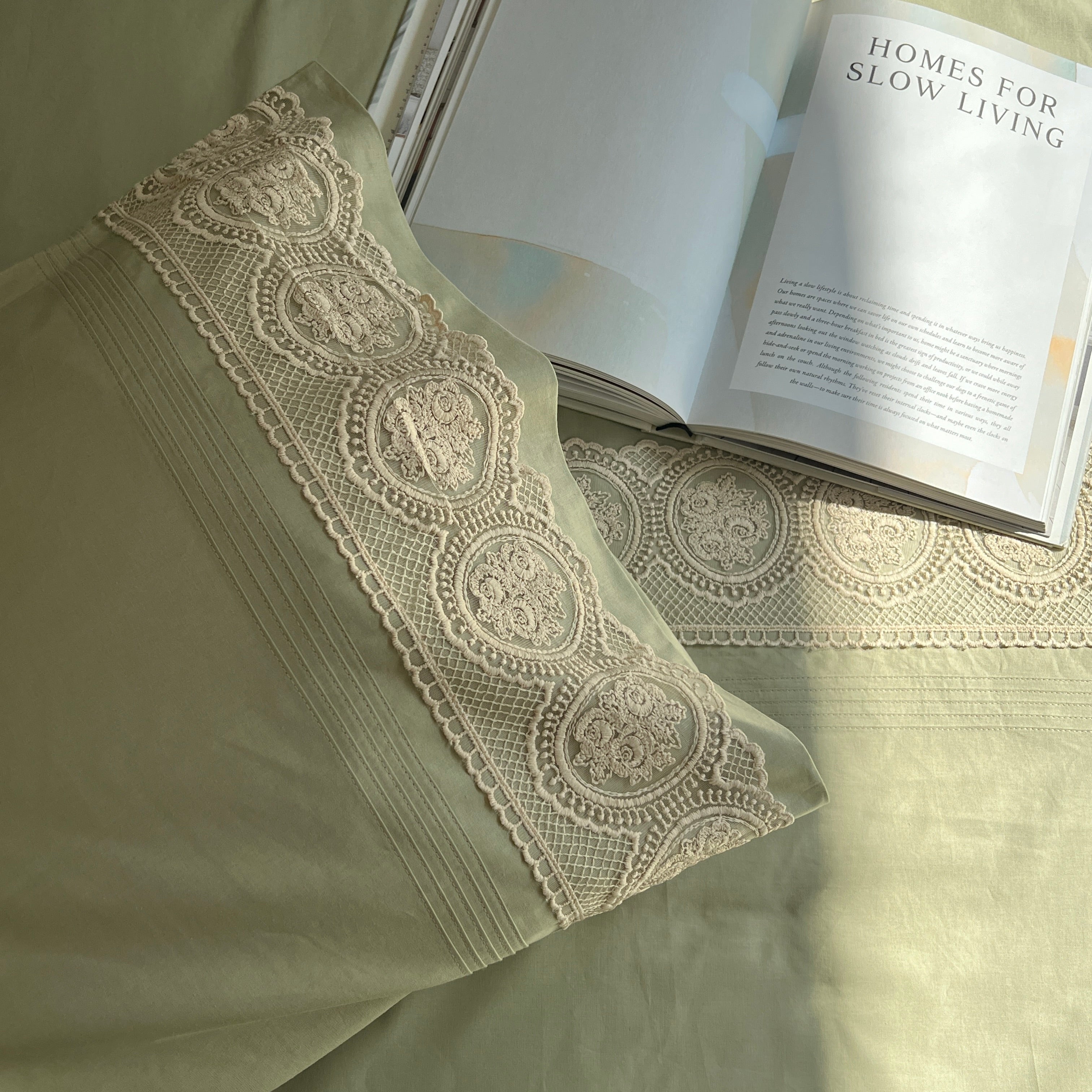 Chantilly Forest Green Cotton Embroidered Lace Bed Sheet with 2 Pillow Covers
