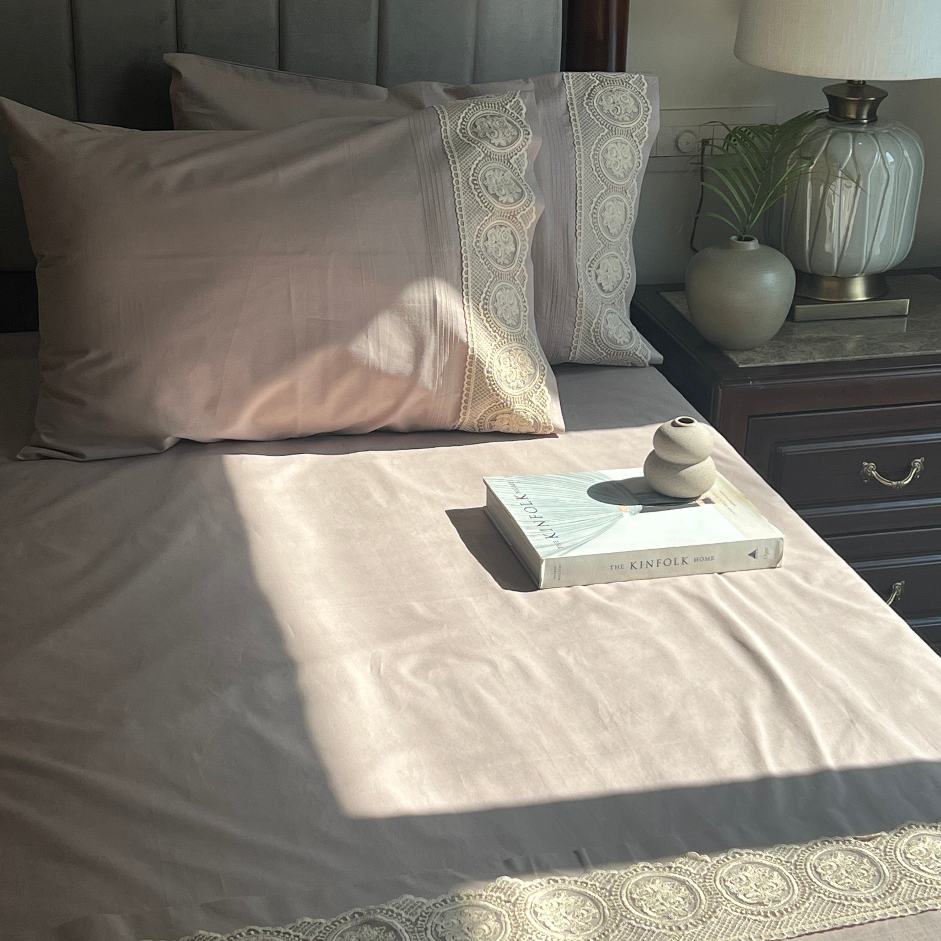 Chantilly Mocha Cotton Embroidered Lace Bed Sheet with 2 Pillow Covers