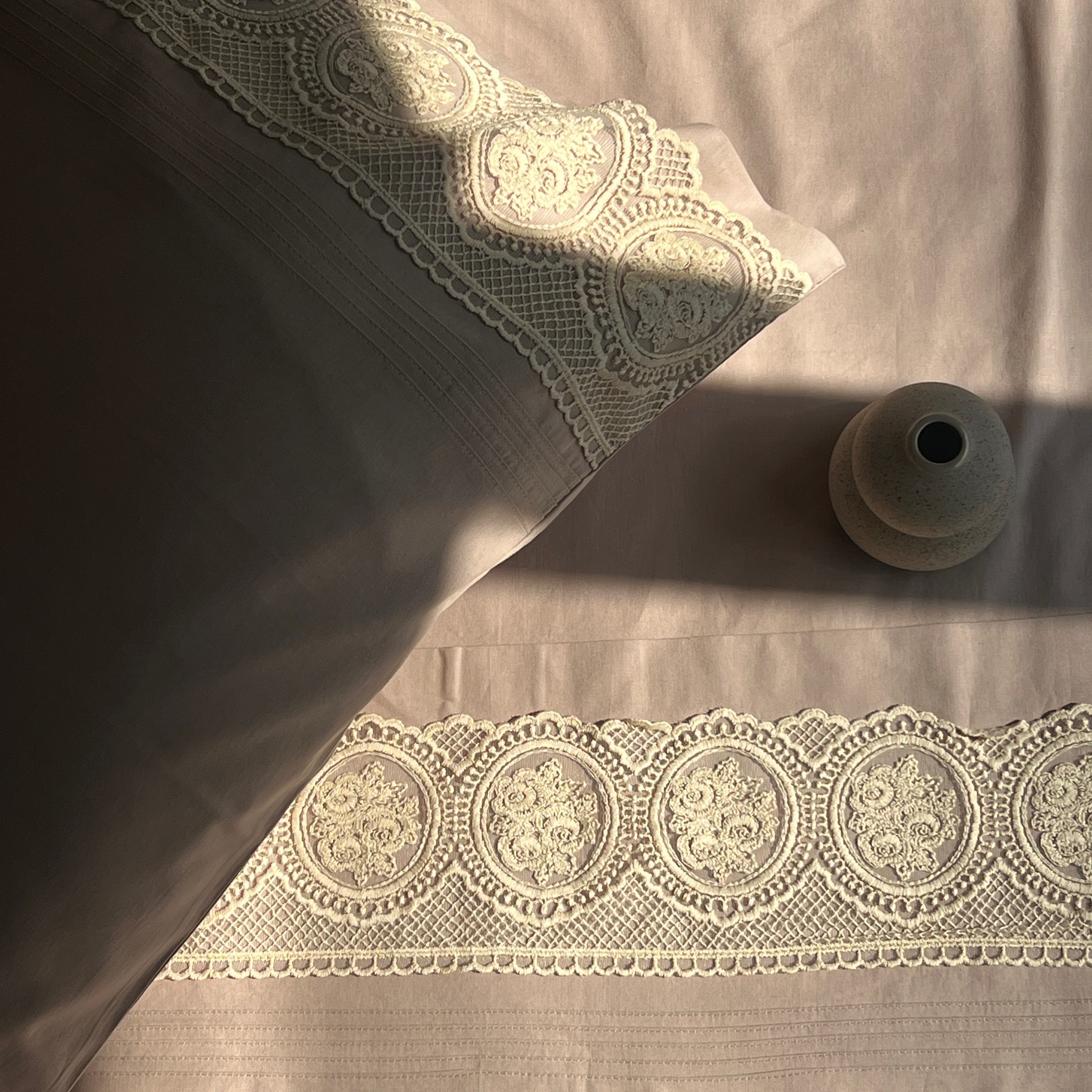 Chantilly Mocha Cotton Embroidered Lace Bed Sheet with 2 Pillow Covers