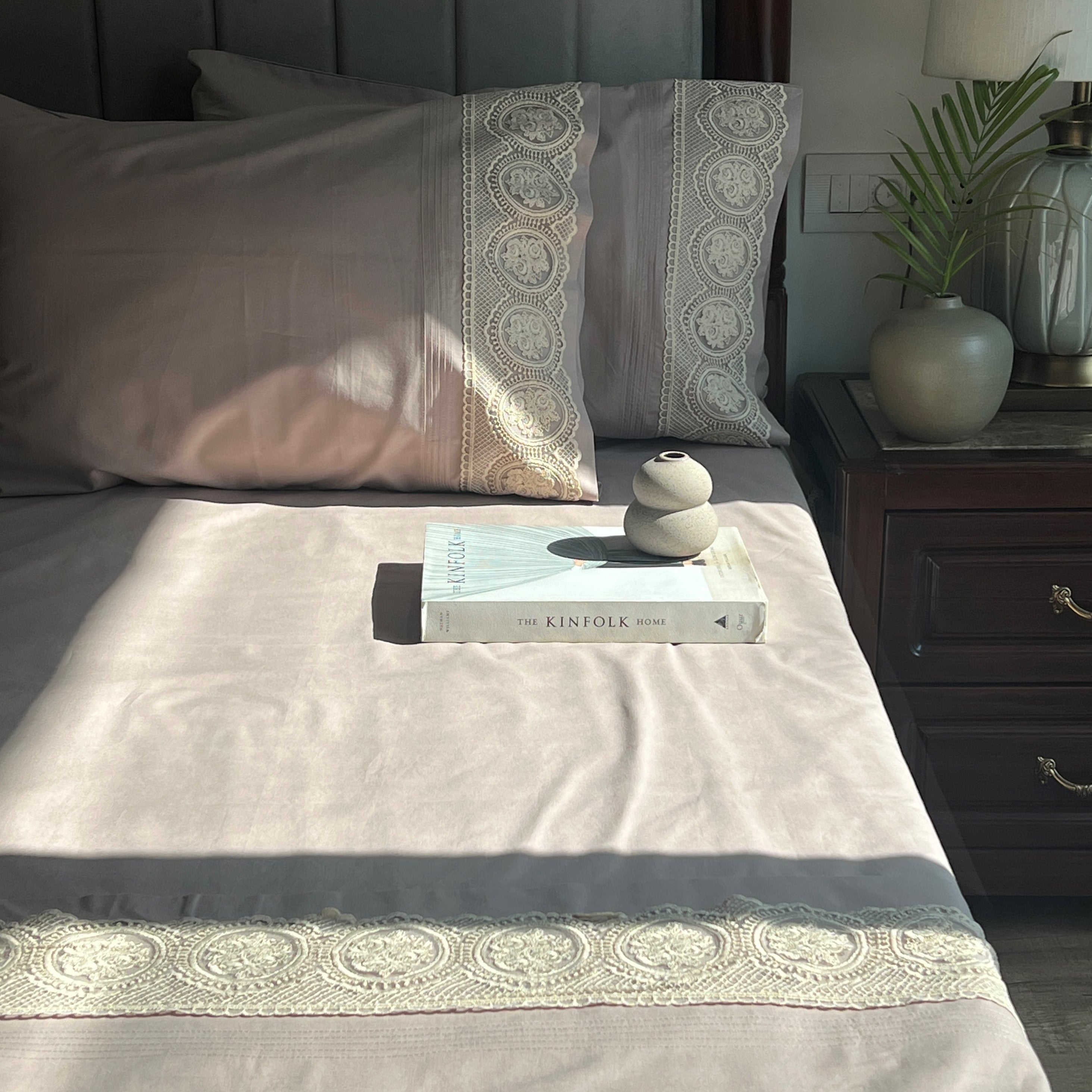 Chantilly Mocha Cotton Embroidered Lace Bed Sheet with 2 Pillow Covers