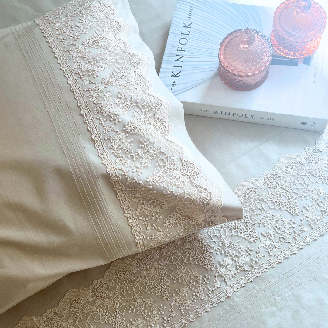 Chantilly Oats Beige Cotton Embroidered Lace Bed Sheet with 2 Pillow Covers