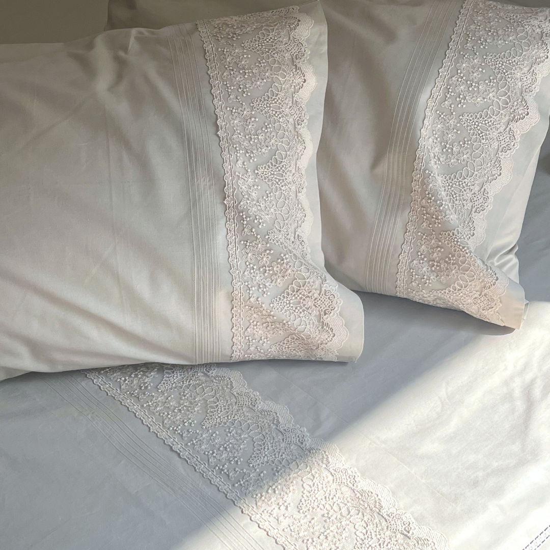 Chantilly Oats Beige Cotton Embroidered Lace Bed Sheet with 2 Pillow Covers