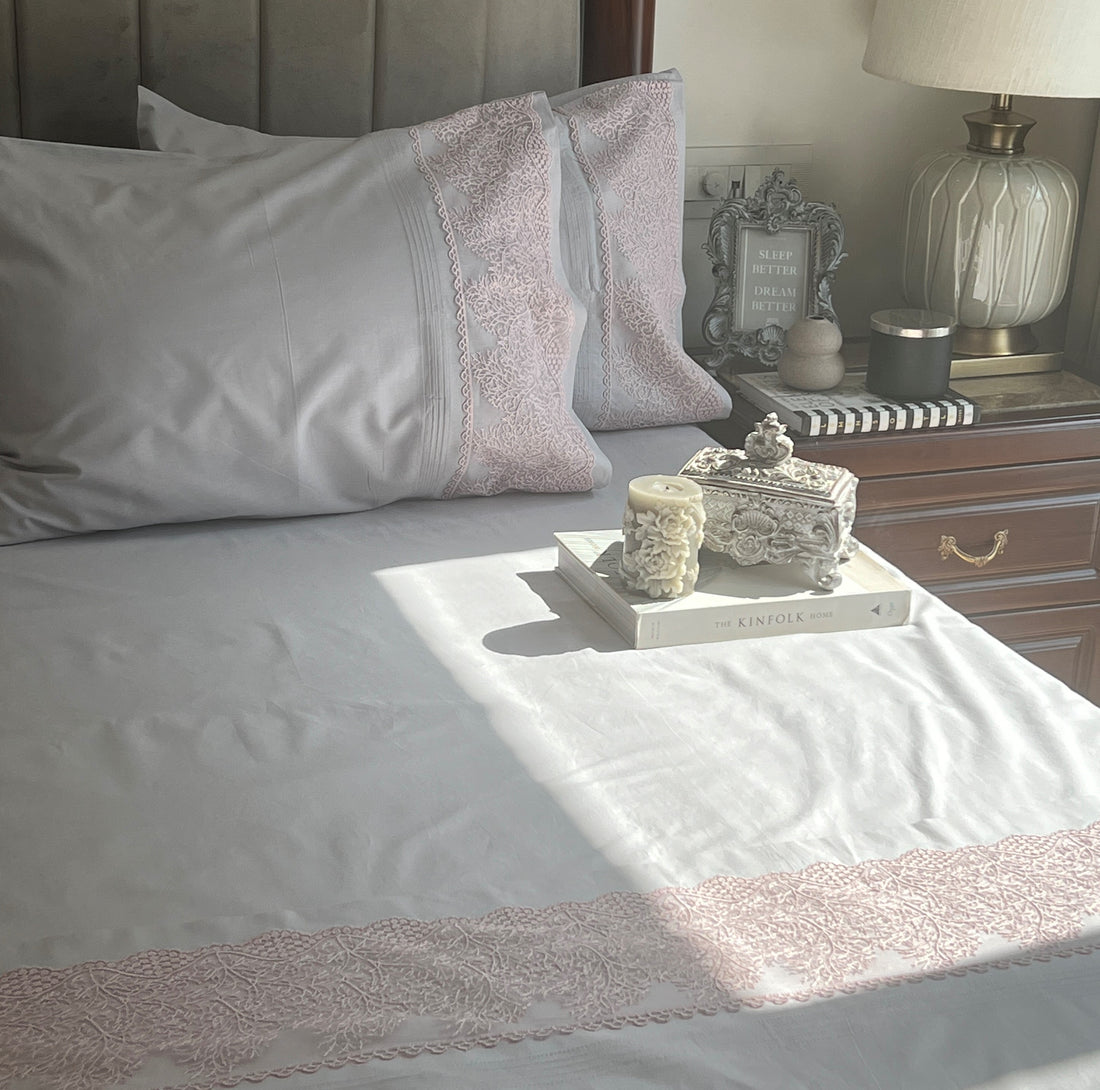 Chantilly Pearl Grey Cotton Embroidered Lace Bed Sheet with 2 Pillow Covers