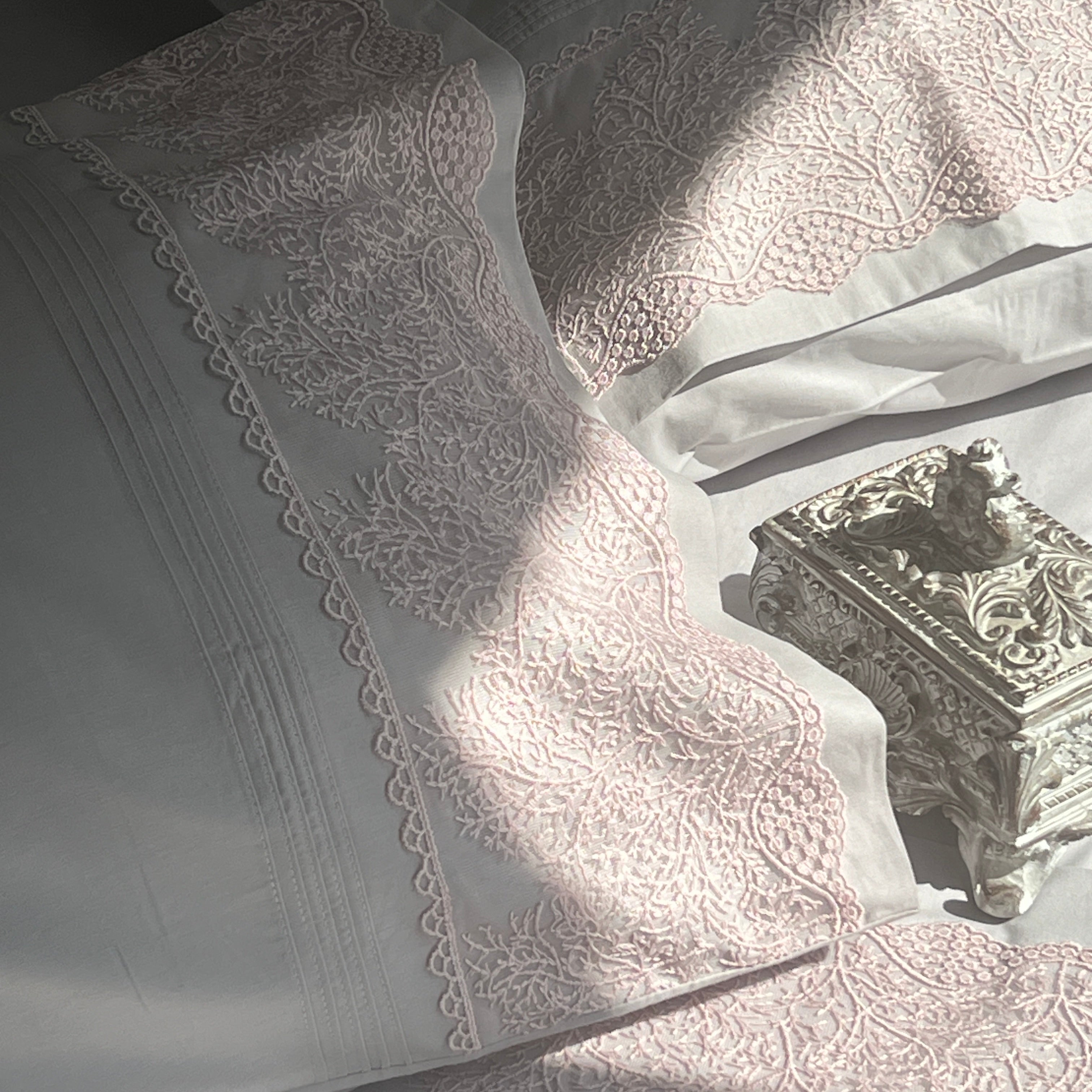 Chantilly Pearl Grey Cotton Embroidered Lace Bed Sheet with 2 Pillow Covers