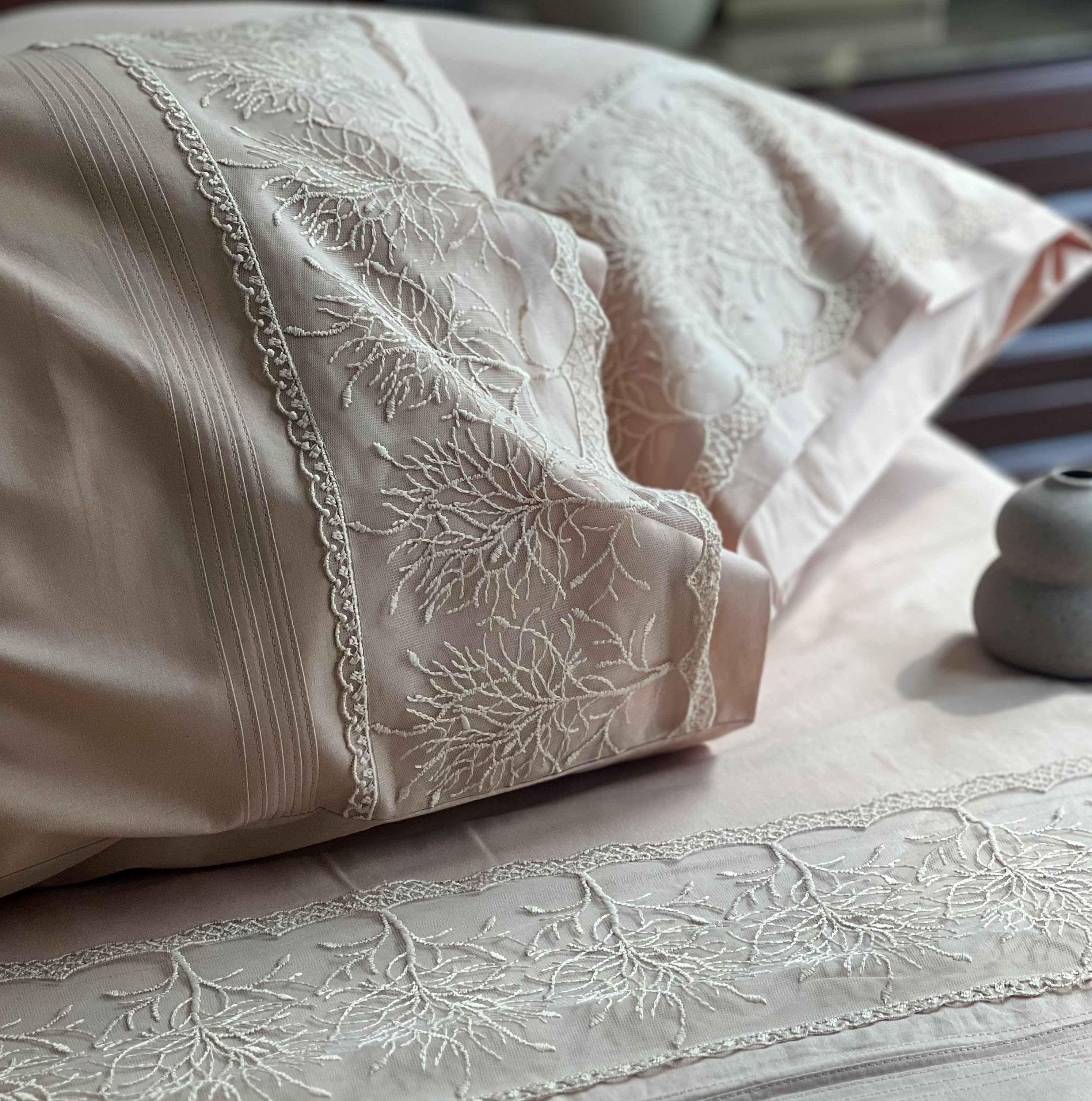 Chantilly Sand Cotton Embroidered Lace Bed Sheet with 2 Pillow Covers