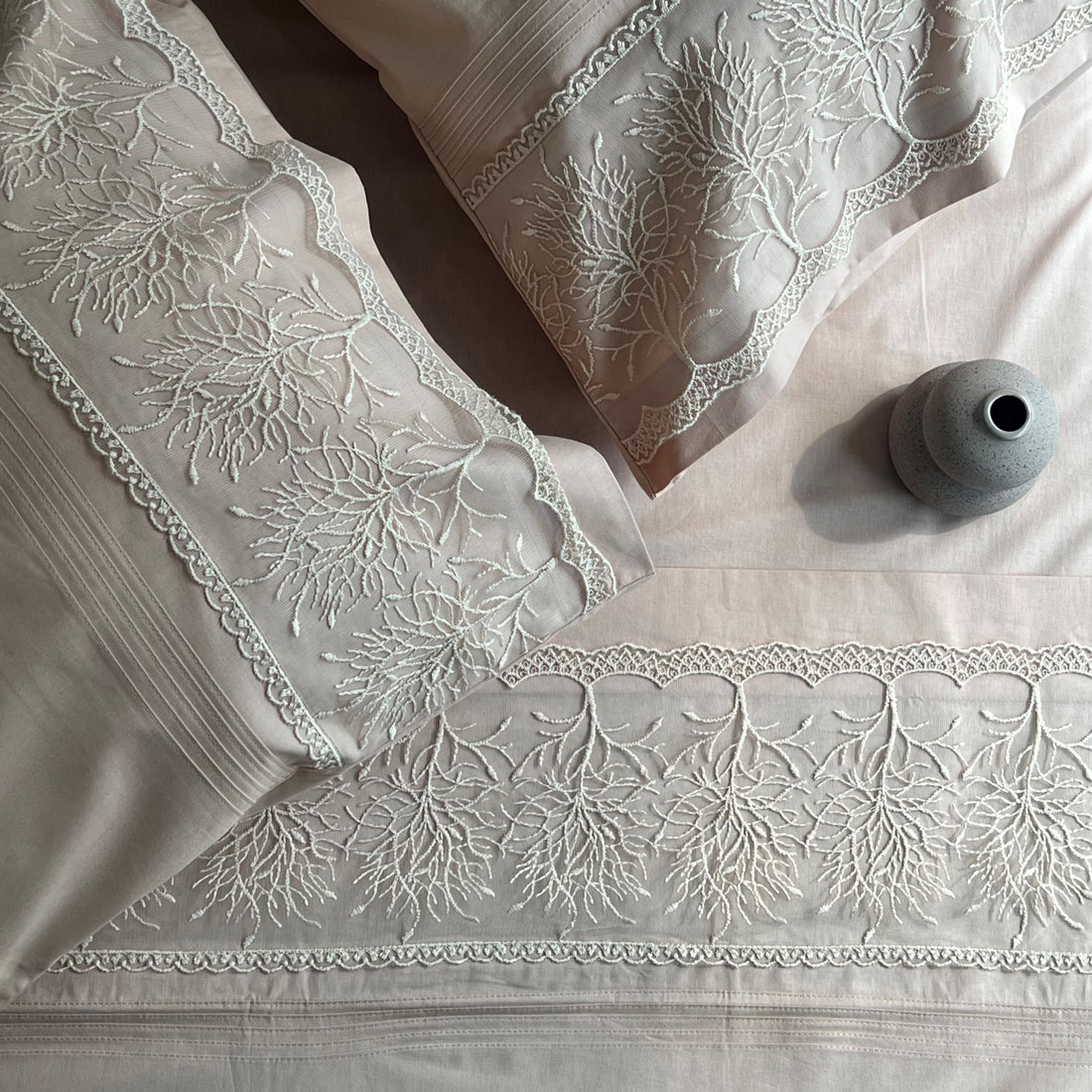 Chantilly Sand Cotton Embroidered Lace Bed Sheet with 2 Pillow Covers