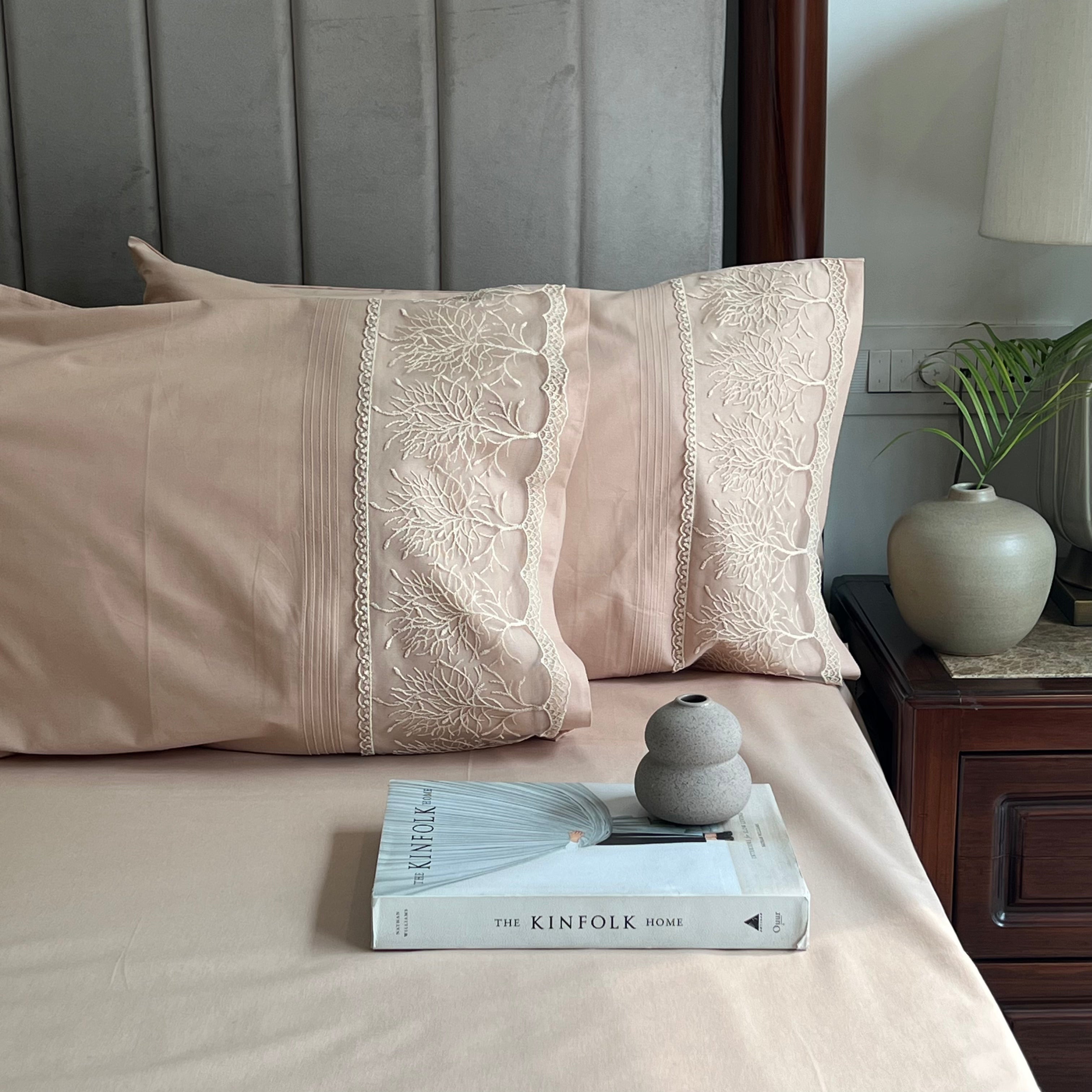 Chantilly Sand Cotton Embroidered Lace Bed Sheet with 2 Pillow Covers