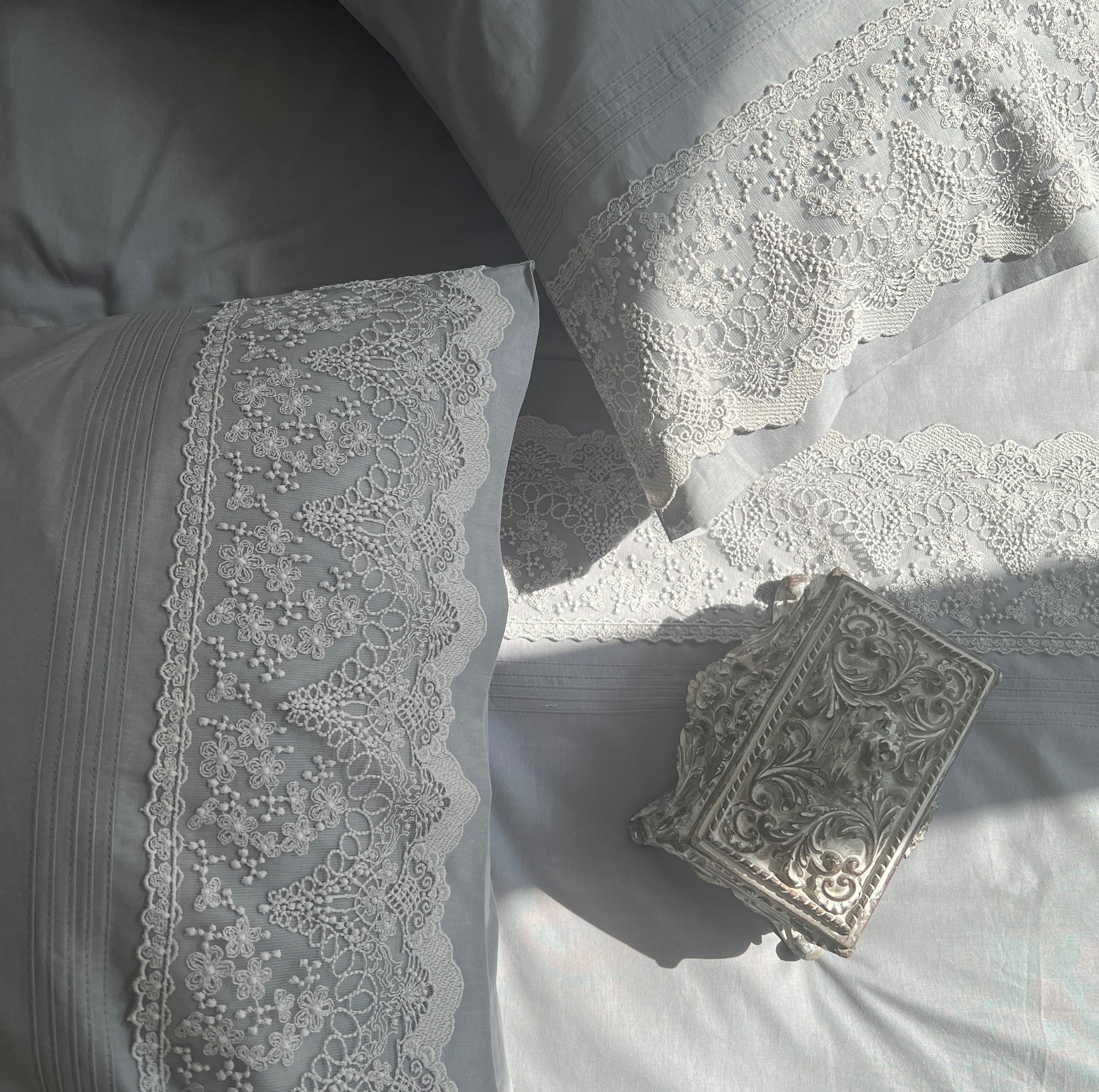 Chantilly Slate Cotton Embroidered Lace Bed Sheet with 2 Pillow Covers