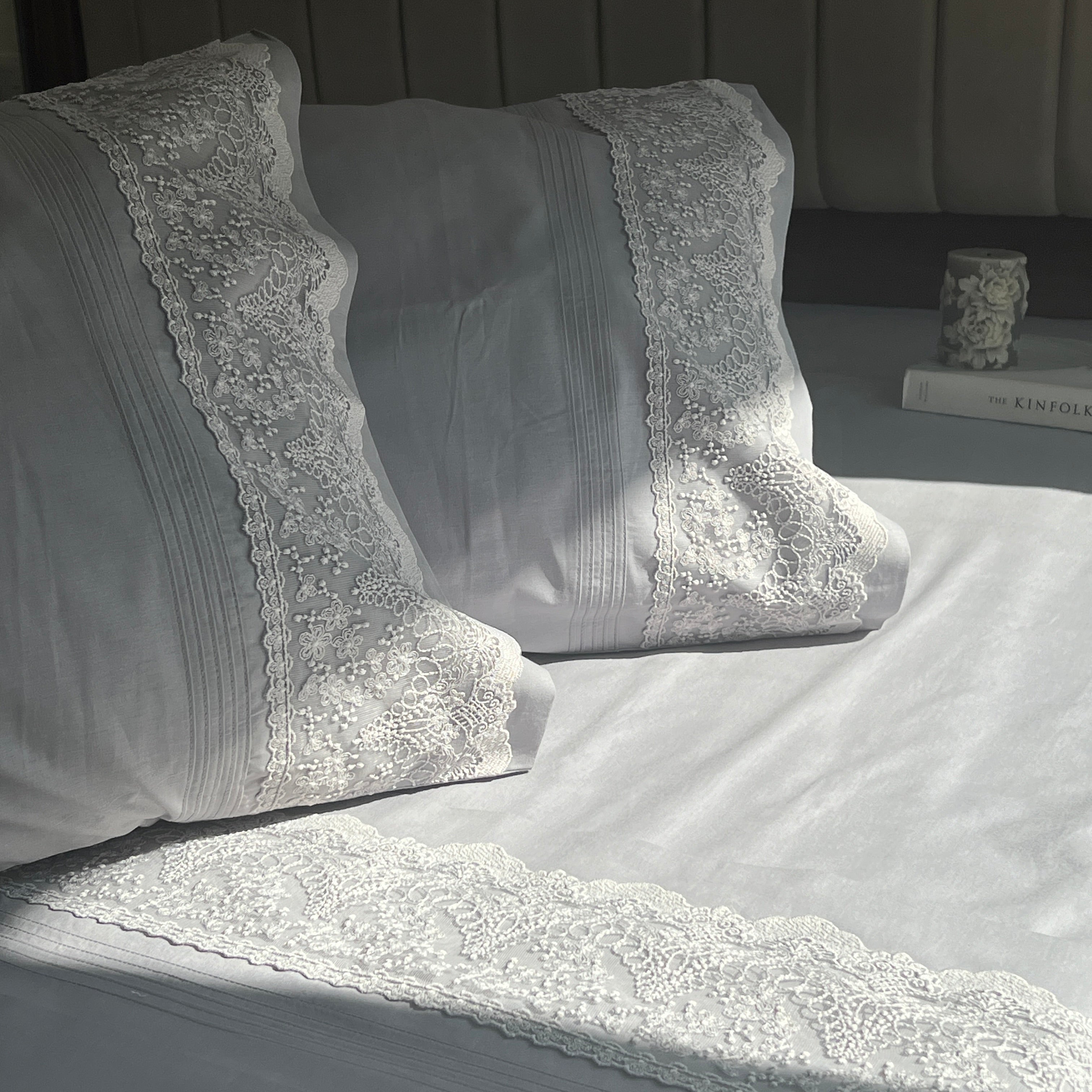 Chantilly Slate Cotton Embroidered Lace Bed Sheet with 2 Pillow Covers