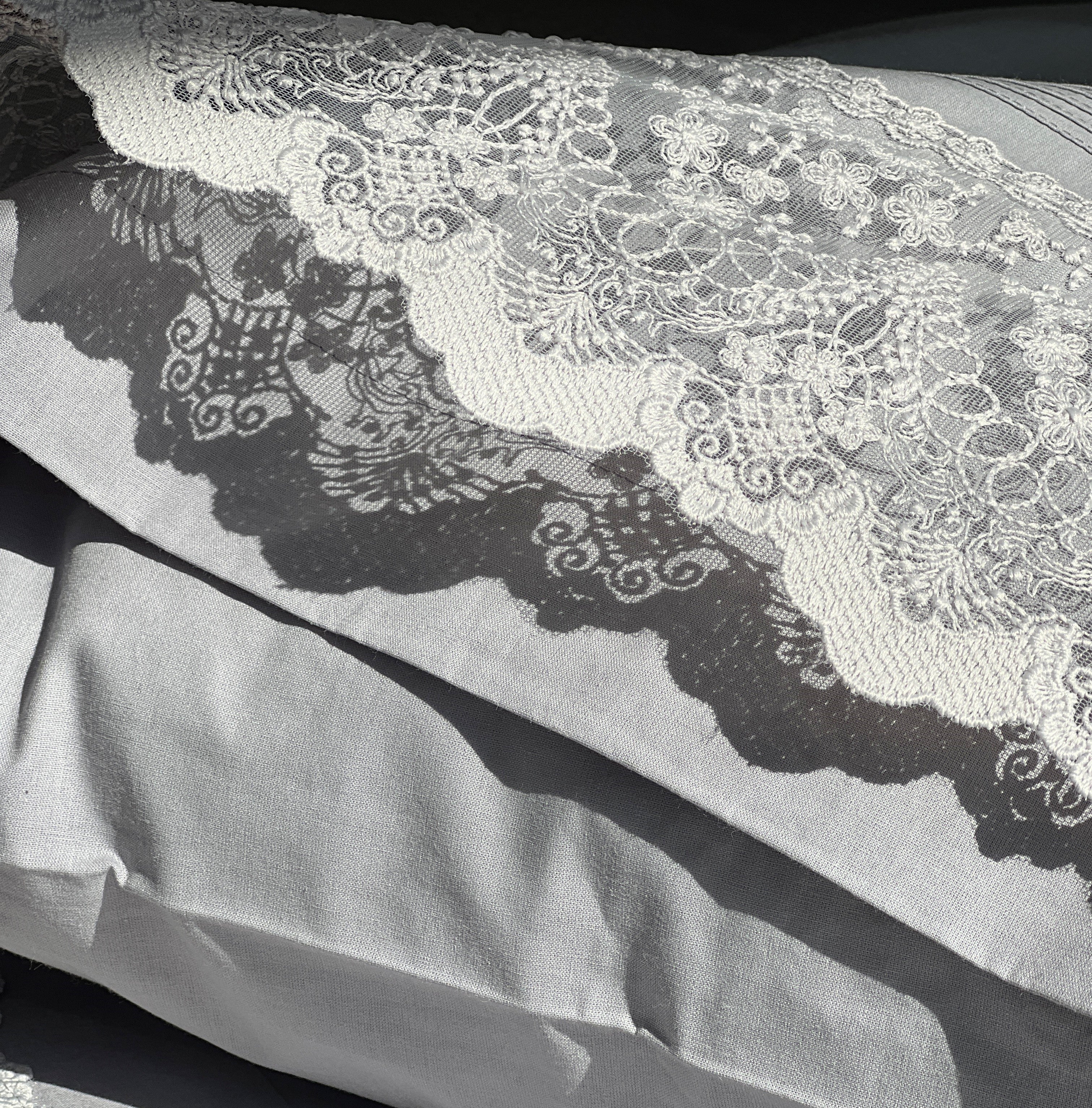 Chantilly Slate Cotton Embroidered Lace Bed Sheet with 2 Pillow Covers