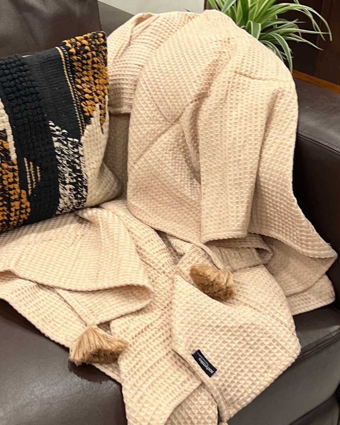 Oats Beige Honeycomb woven throw with tassels