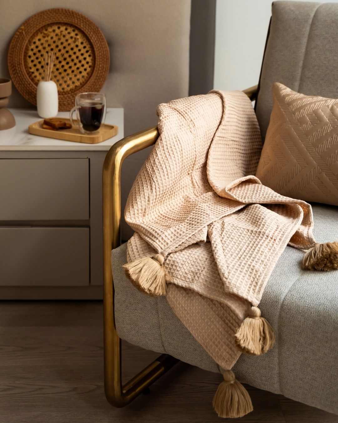 Oats Beige Honeycomb woven throw with tassels