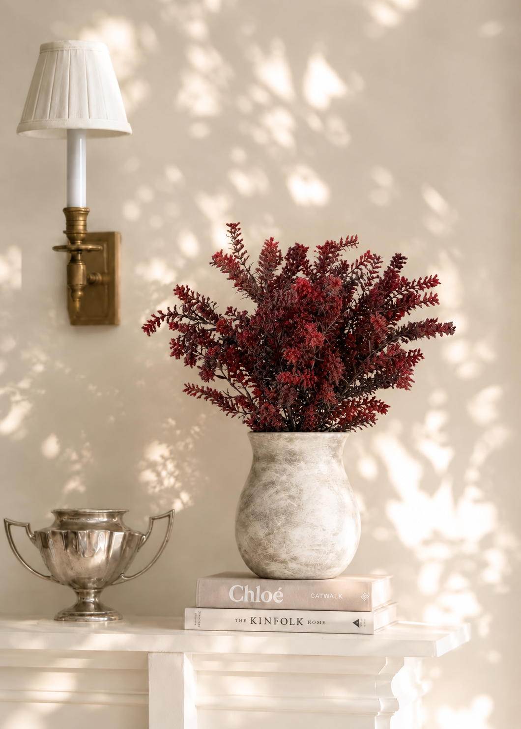 Artificial Red Heather Bush with Ceramic Vase