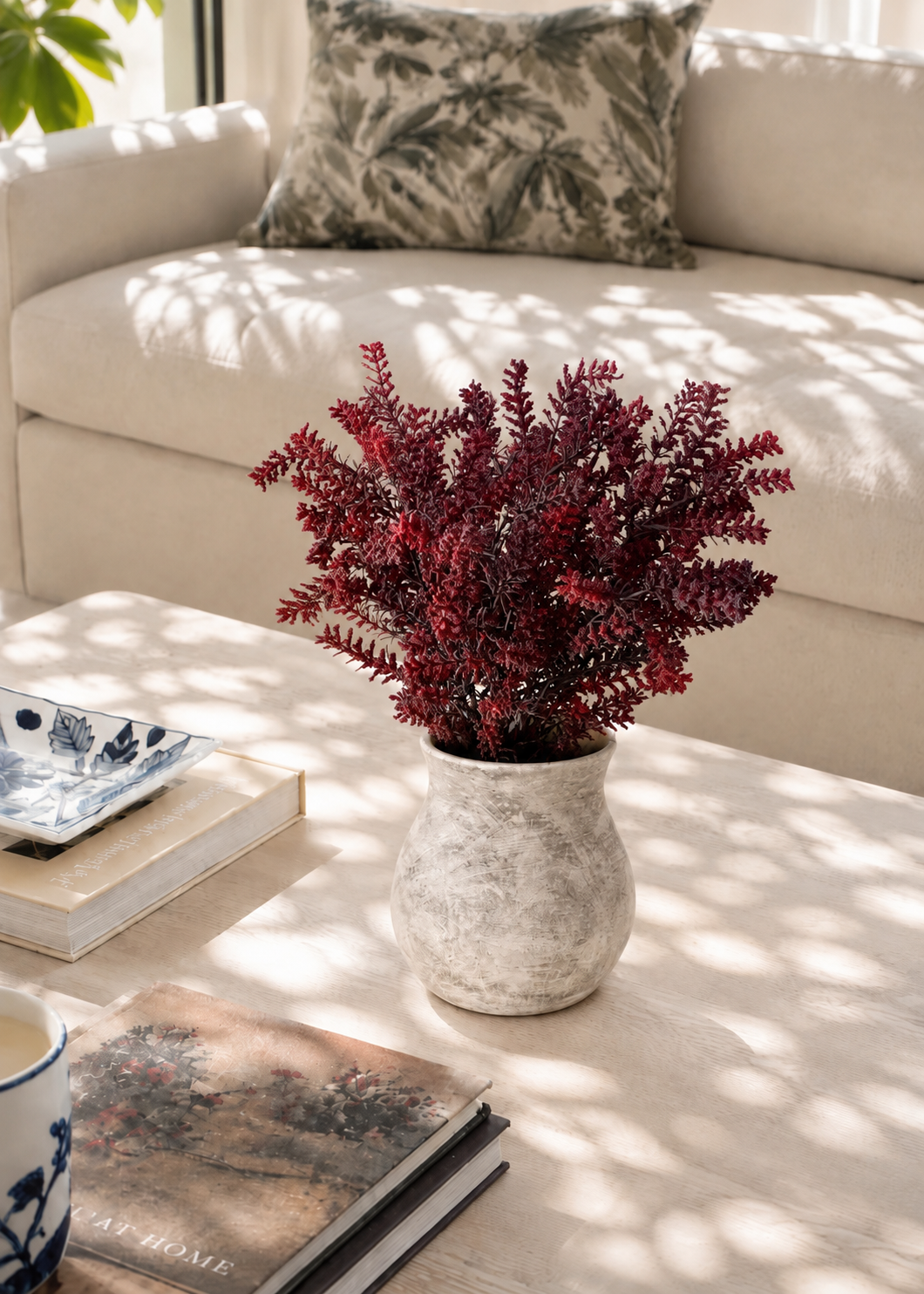Artificial Red Heather Bush with Ceramic Vase