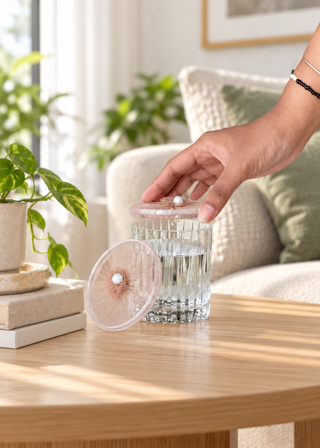 Beige Mesh Glass Cover - (Set Of 6)