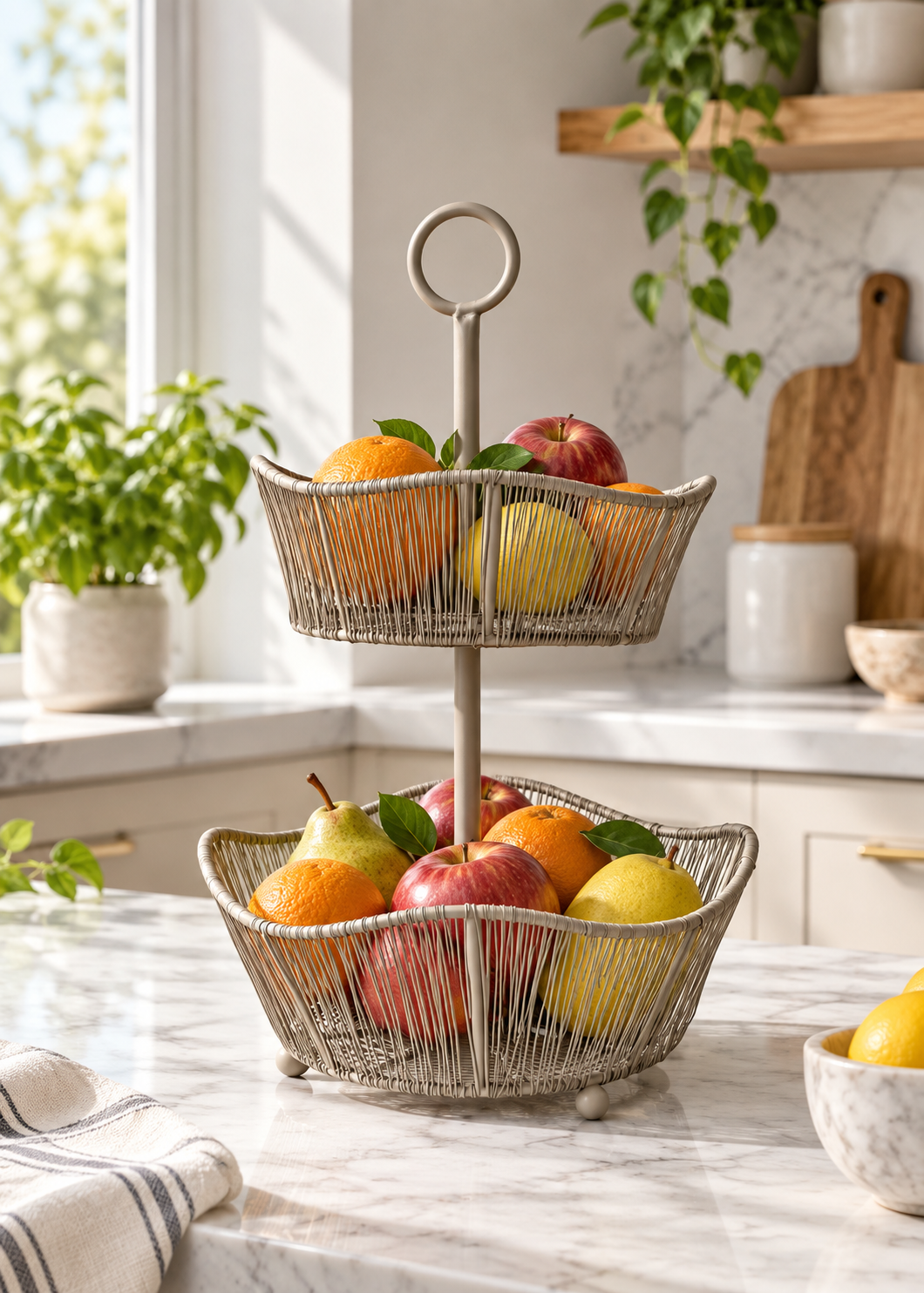 Alora Beige Two-Tier Fruit Basket